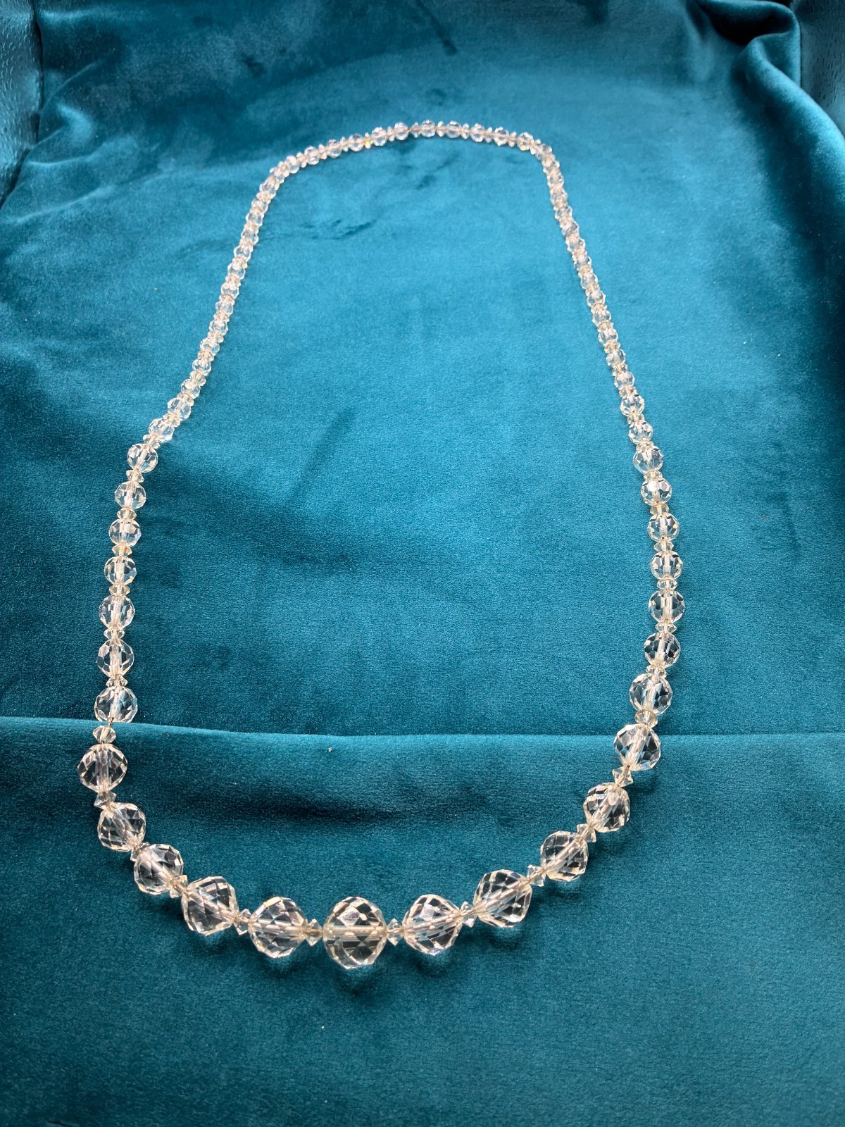 Vintage Beaded Necklace Faceted Graduated Crystal on Chain Long Circa 1920s 30″