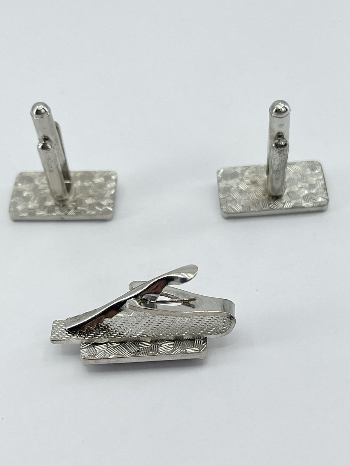 vintage silver tone cufflinks and tie clip set zipper like with black enamel