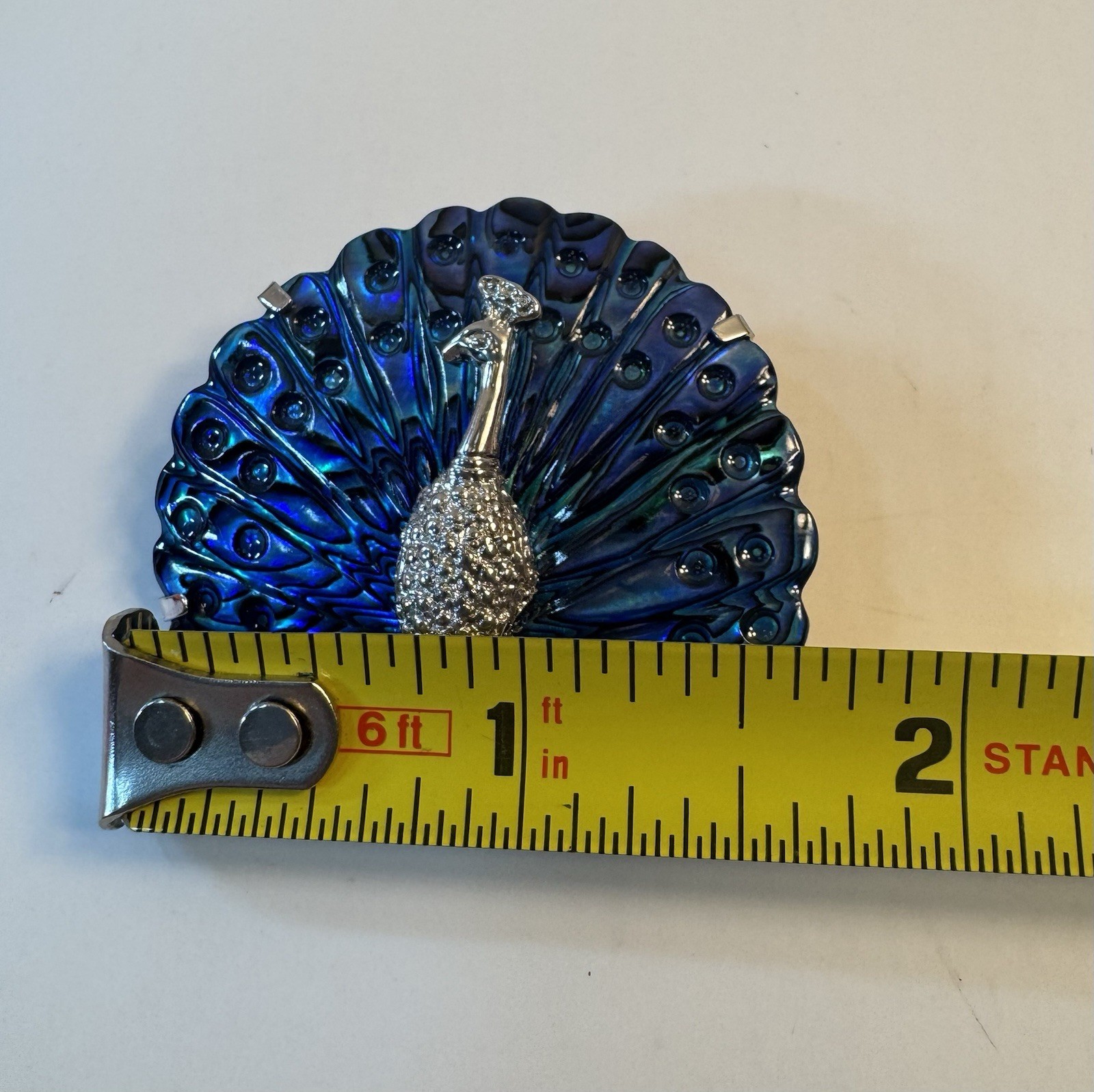 Peacock Brooch Pin Blue & Silver Tone Enamel Abalone Shell Finish