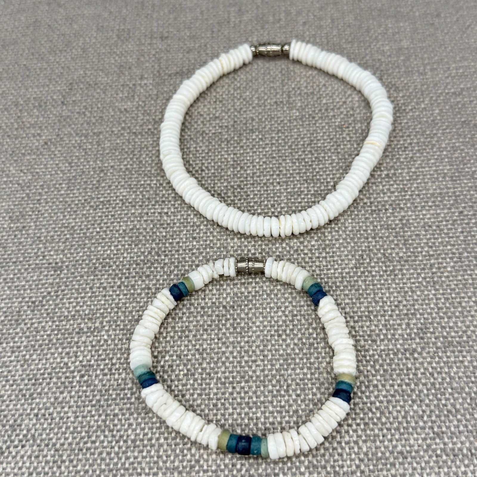 Vintage Heishi Bead Bracelet and Anklet Set White Blue Shells