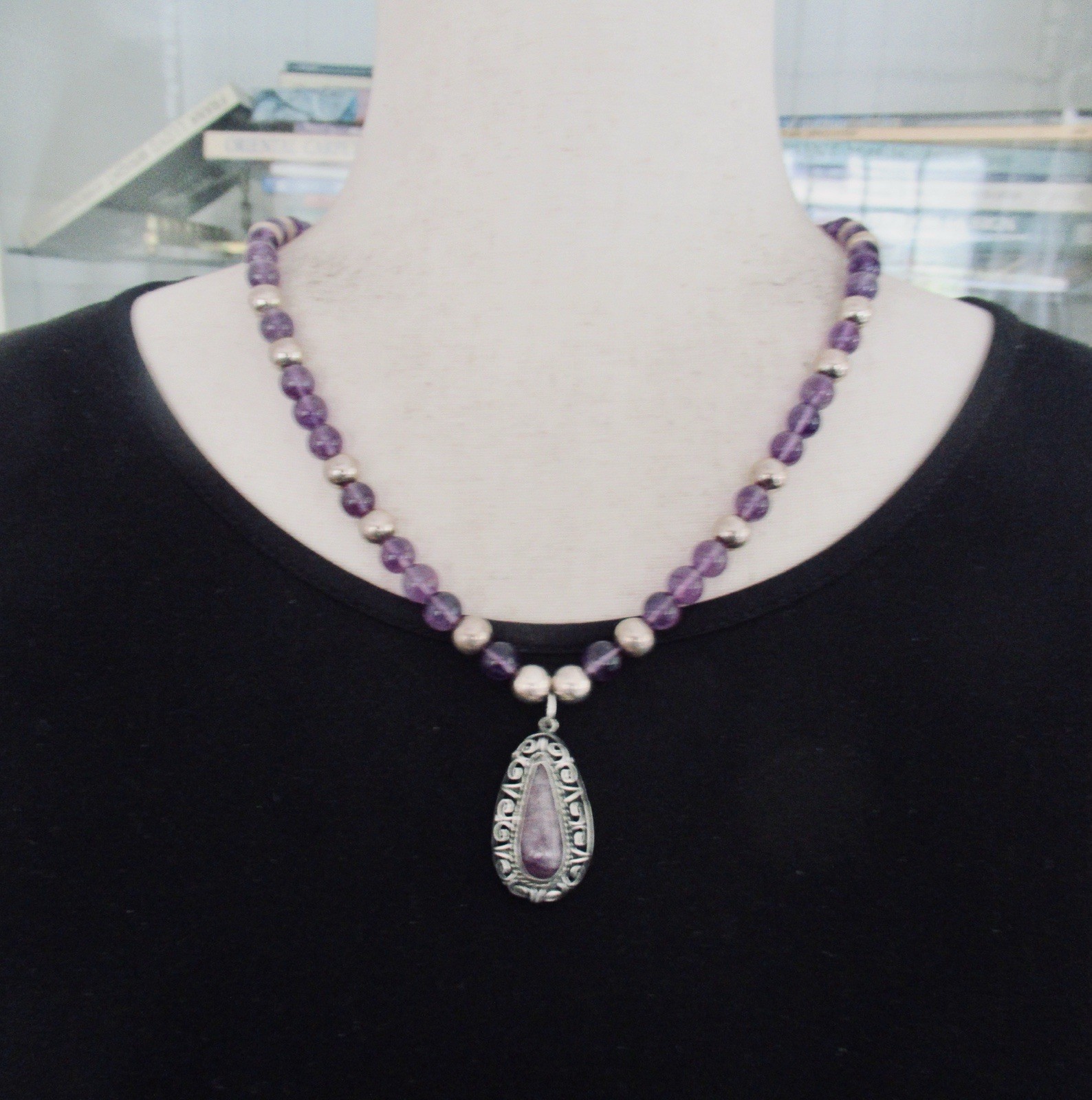 STERLING & AMETHYST MEXICO PENDANT & NECKLACE, 22 INCHES, 8.5MM WIDE, 49 GRAMS
