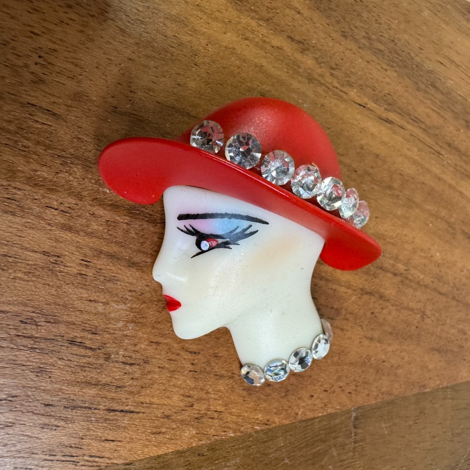 Vintage Red Hat Society Lady Face Brooch Lucite Rhinestone Pin Mid Century Glam