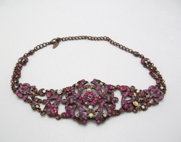 Vintage VCLM Stunning Sparkling Pink Magenta Crystal Crest Link Choker Necklace