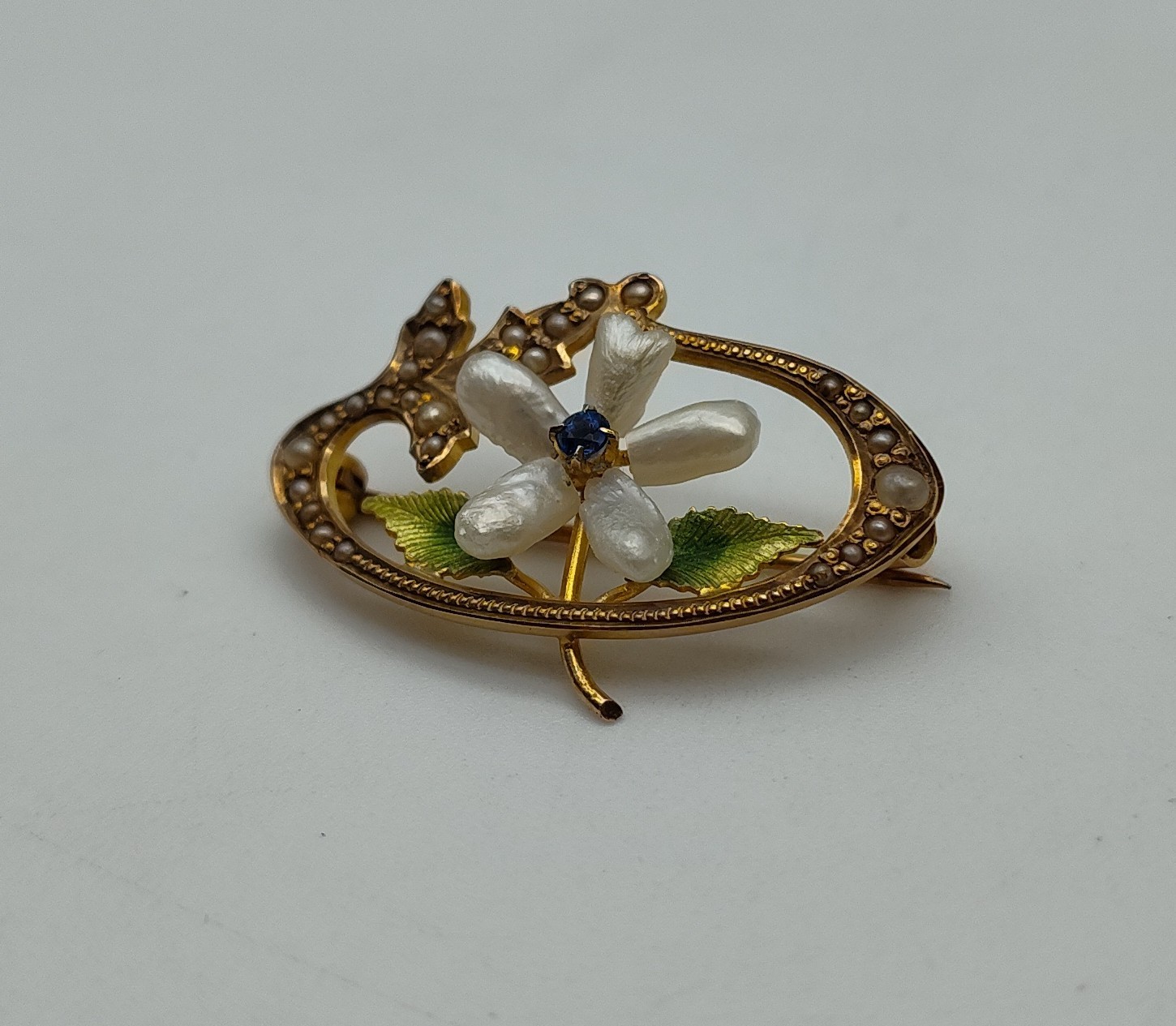 Antique Flower Pearl Blue Stone 10K Yellow Gold Green Enamel Brooch Pin Lapel