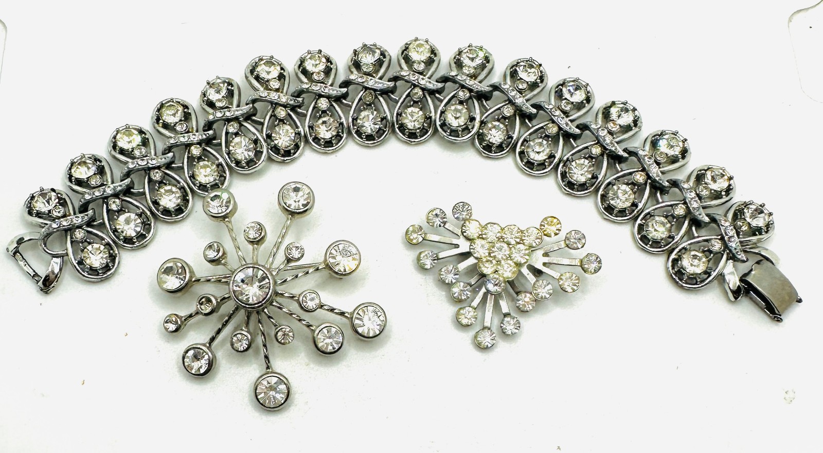 Lot Coro Pegasus Rhinestone Bracelet and 2 Atomic Starburst Brooches