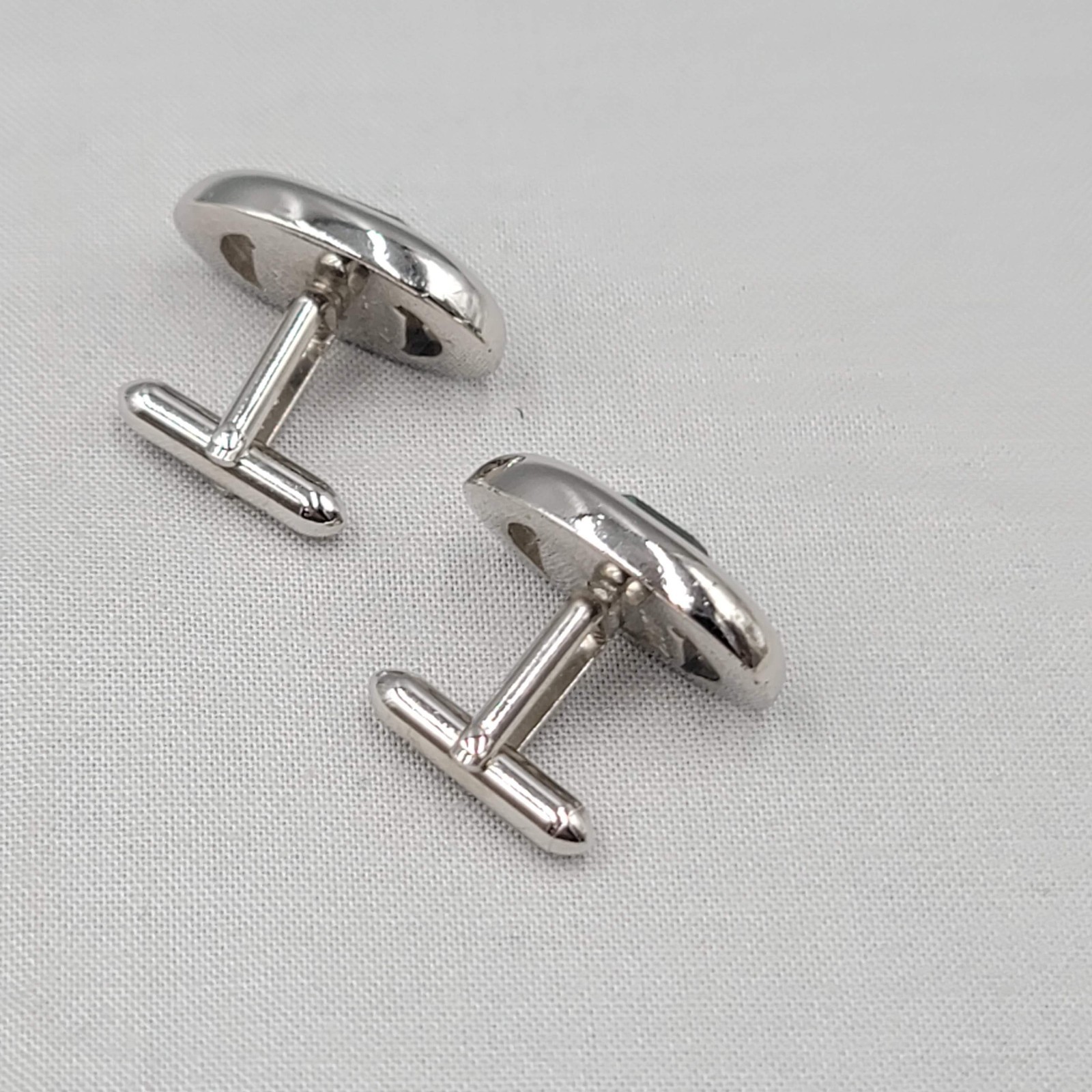 Vintage Swank Mens Cufflinks Green Rhinestone Silver tone Oval 1″