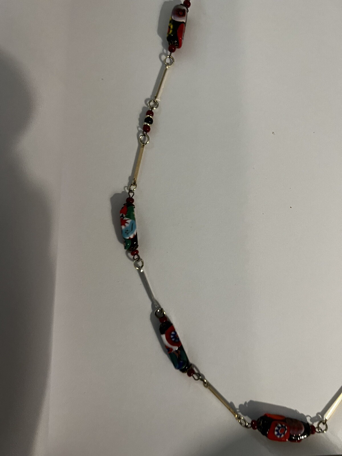 Vintage Rectangular Millefiori Bead & Gold Tone Bar Link Chain Station Necklace