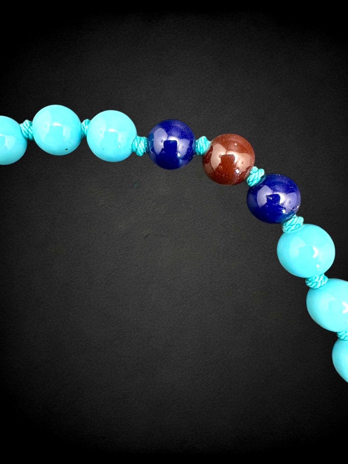 Vintage Turquoise Blue & Porcelainized Glass Bead Necklace w/ Cloisonné Clasp