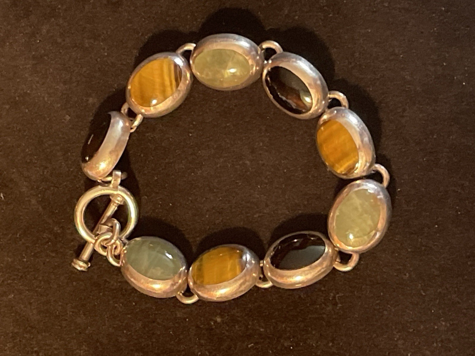 Vintage Taxco Sterling Silver Jade, Tigers Eye & Onyx Chain Link Bracelet. 7”