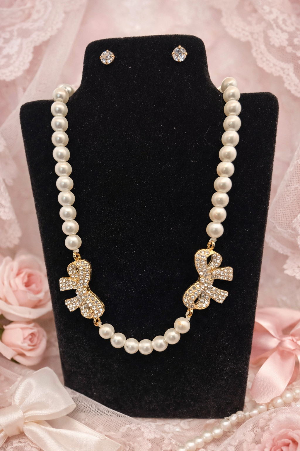 Sugarfix Pearl Bow Necklace 19″ Coquette Balletcore Rhinestone Feminine + Studs