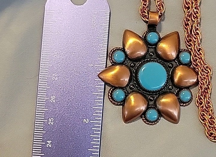 VTG Bell Trading Post Copper Turquoise Pendant Necklace 24″ Chain 1950s