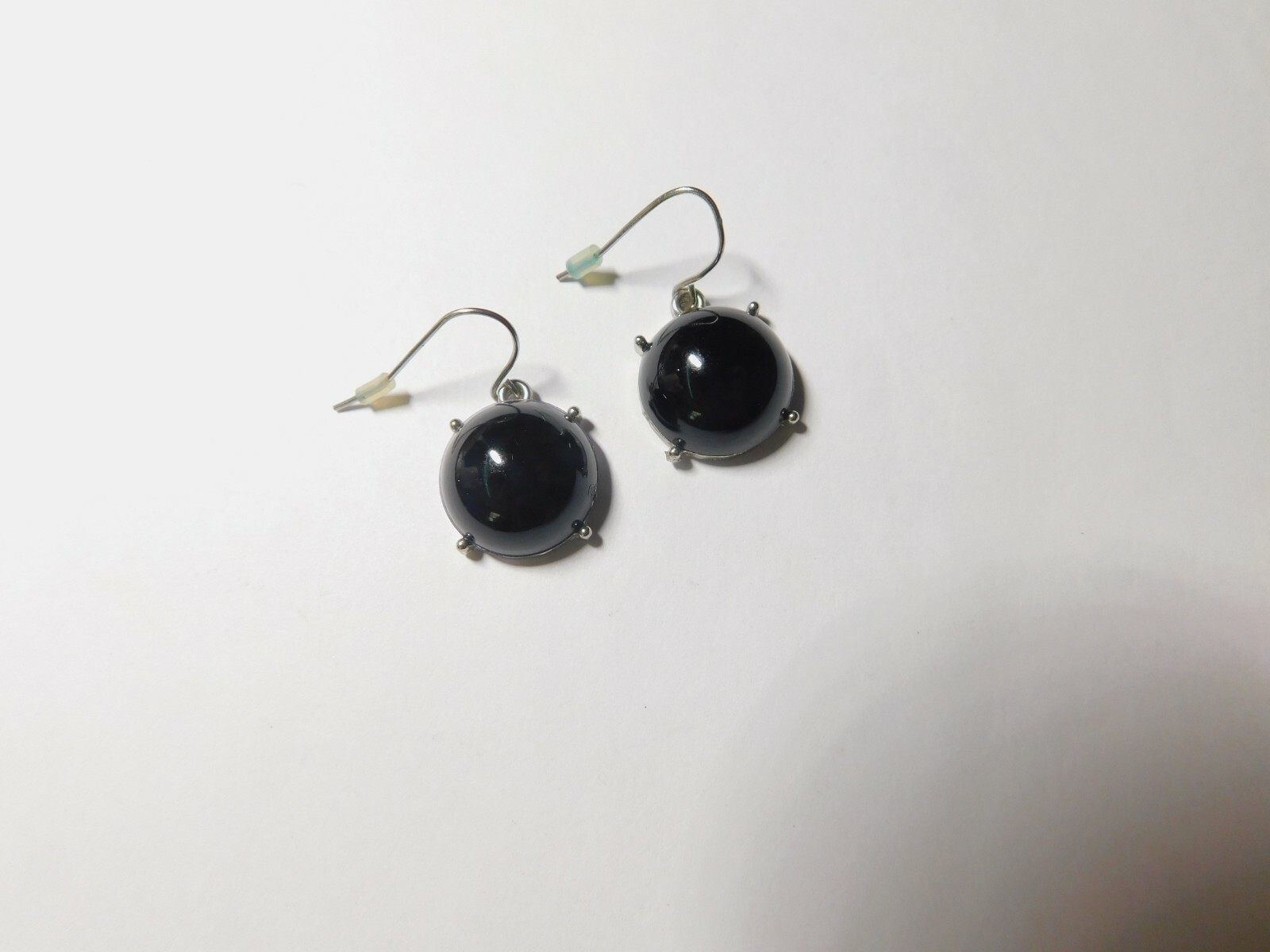 Black Plastic Silver Tone Metal Dangle Pierced Earrings Vintage