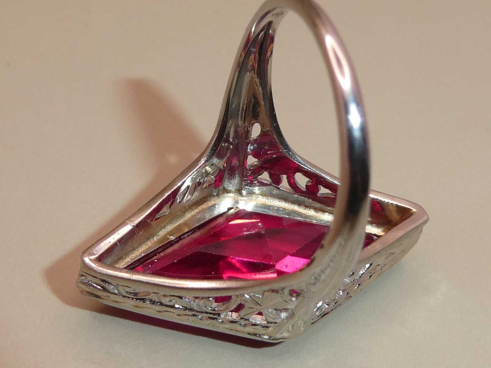 Antique Lozenge Shape of Period Syn. Ruby 18k Filigree Ring Size 5.5. 5.8g L59