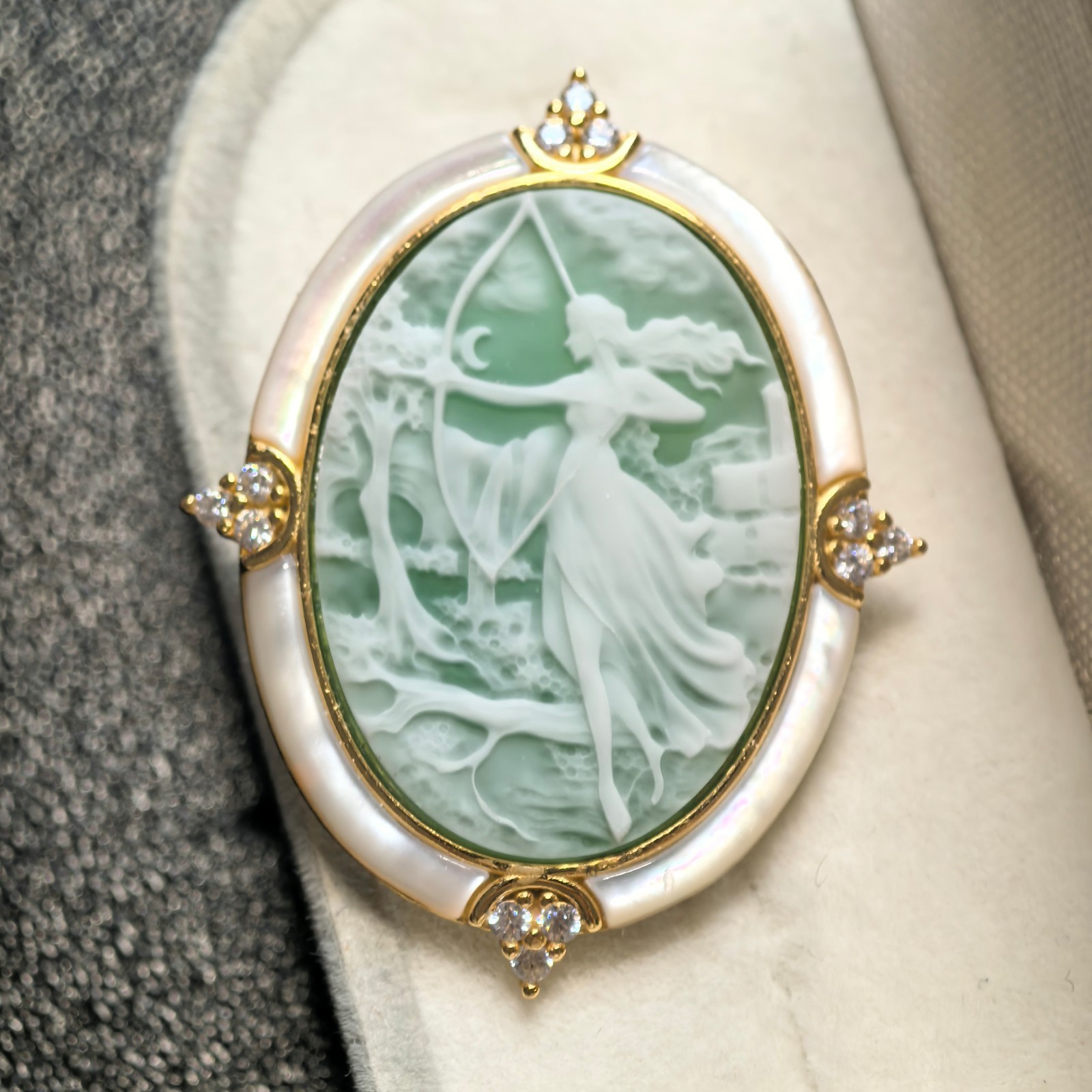 925 silver green Athena Agate cameo brooch pendant vintage estate jewelry