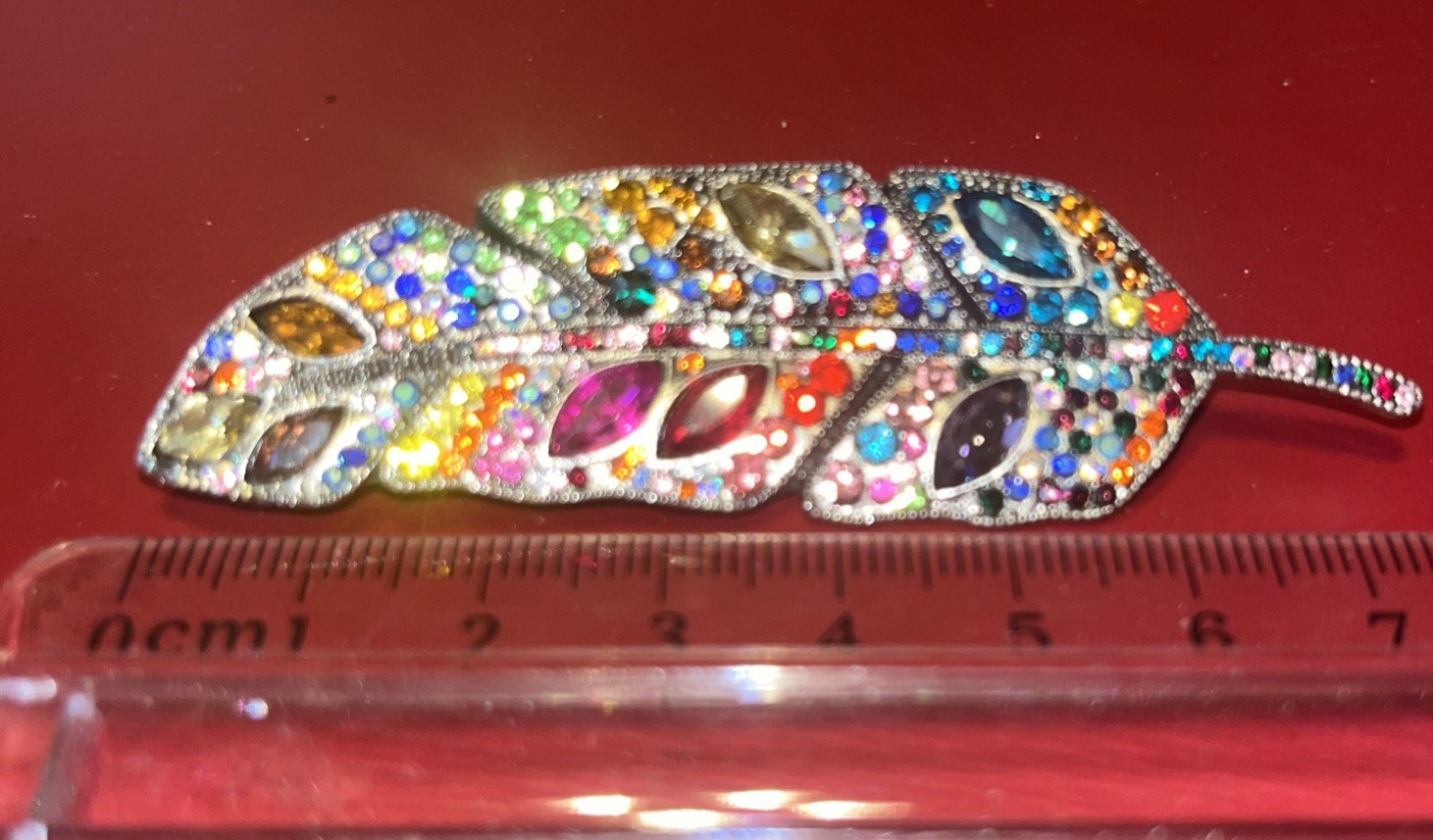 Silver Tone Multicolor Rhinestone Feather Brooch