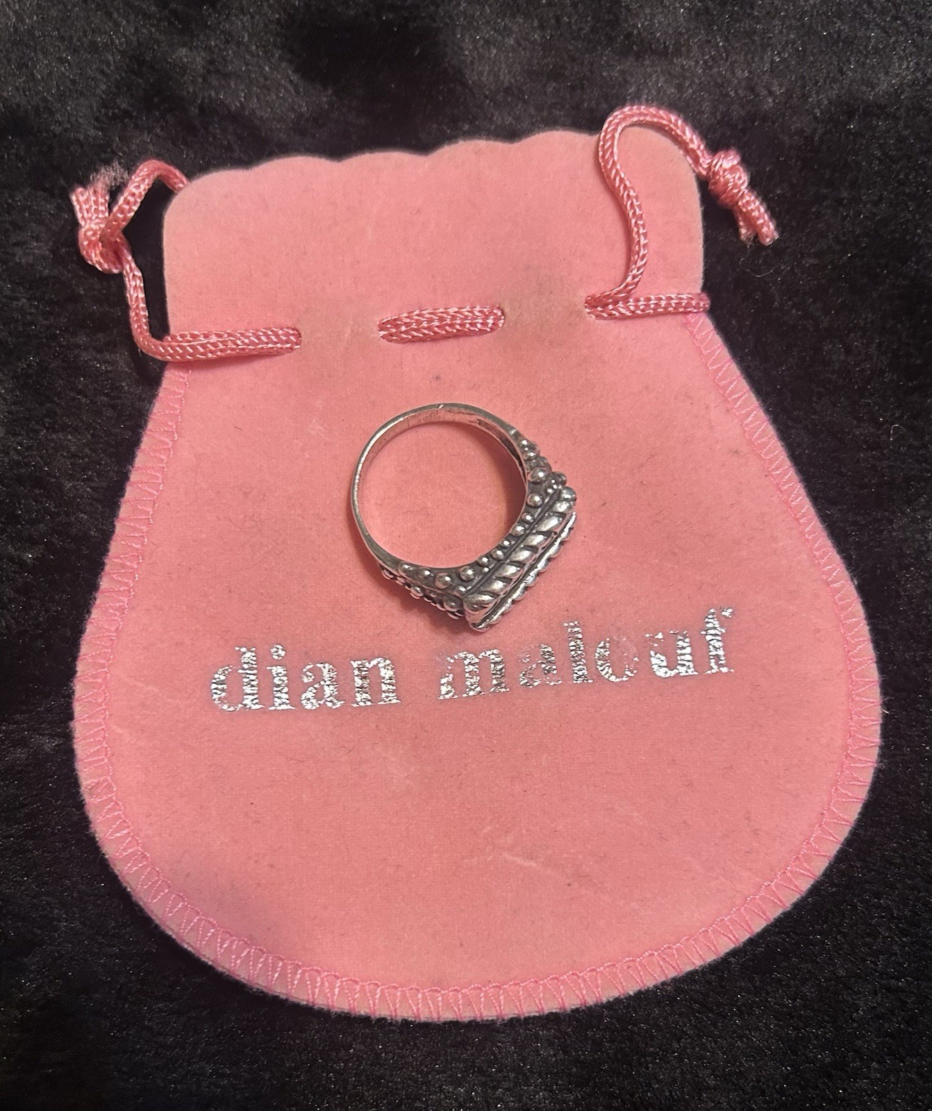 Vintage Dian Malouf “SISTER” Sterling Silver Ring Sz 10 With Original Pouch Bag