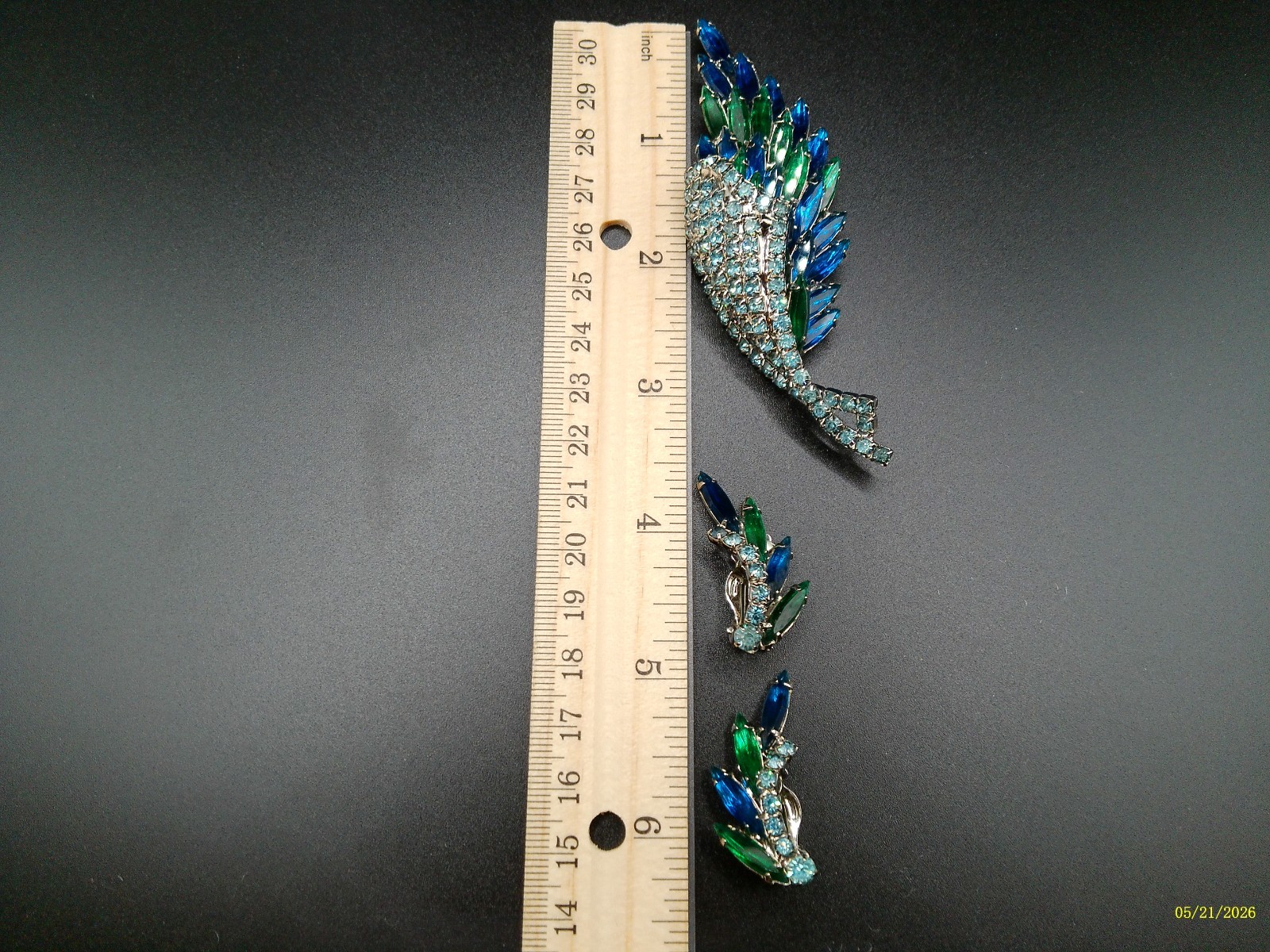 Vintage Blue Green Rhinestone Brooch Clip Earrings Set Large Statement AB Glam