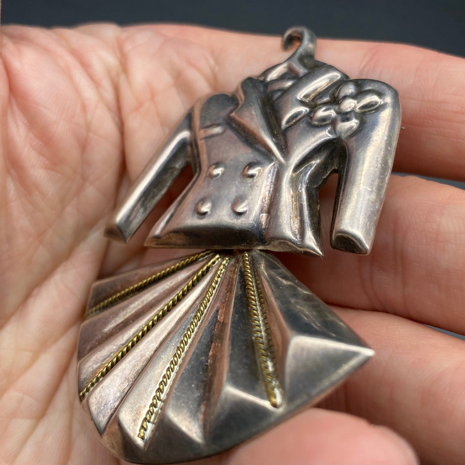 Vintage Mexico Lady Suit Movable Dress Sterling Silver Pin Brooch