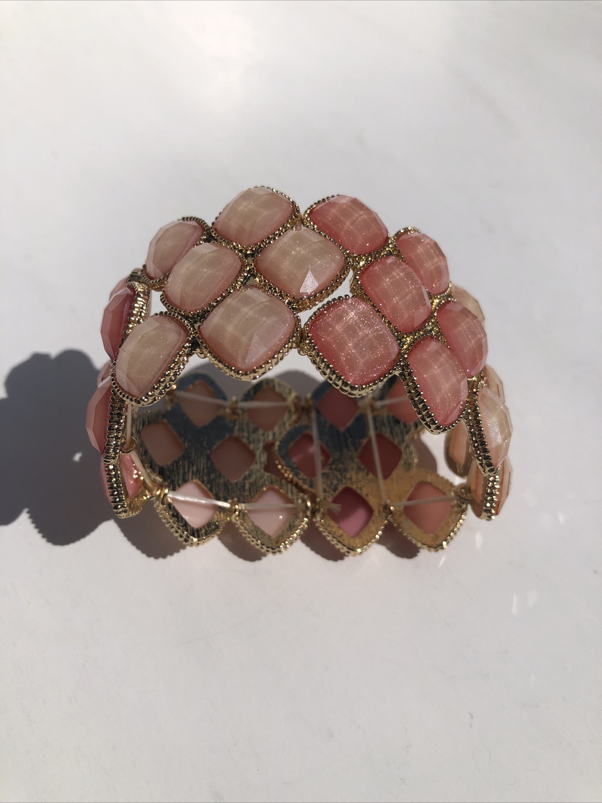 Pink Stone Stretch Cuff Bracelet Gold Tone Statement Piece Costume Jewelry