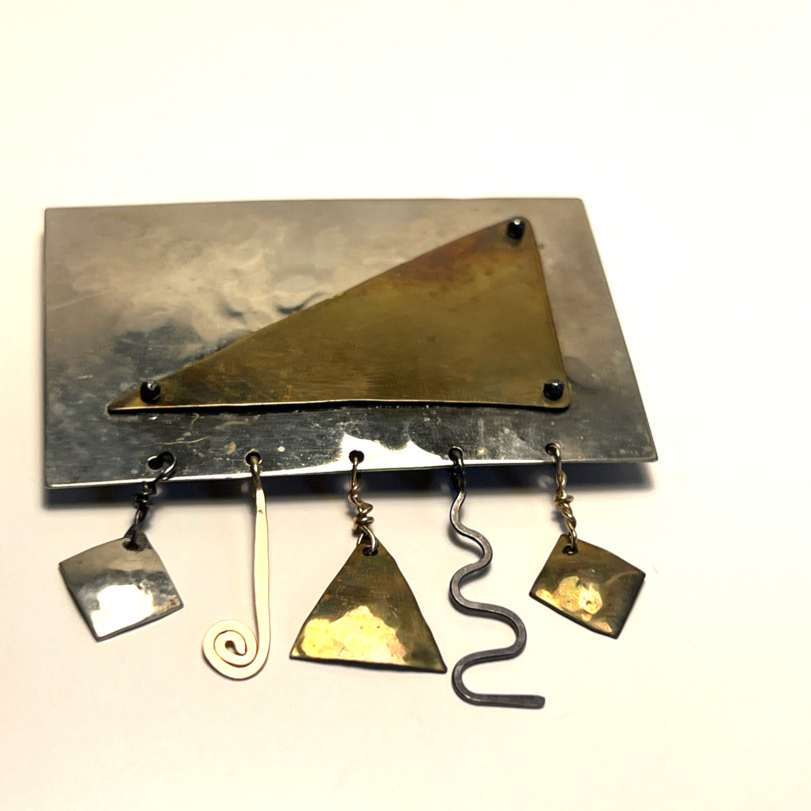 Vintage Signed AH Brooch Pin Jewelry Modernist Silver Gold Metal Charms Dangle