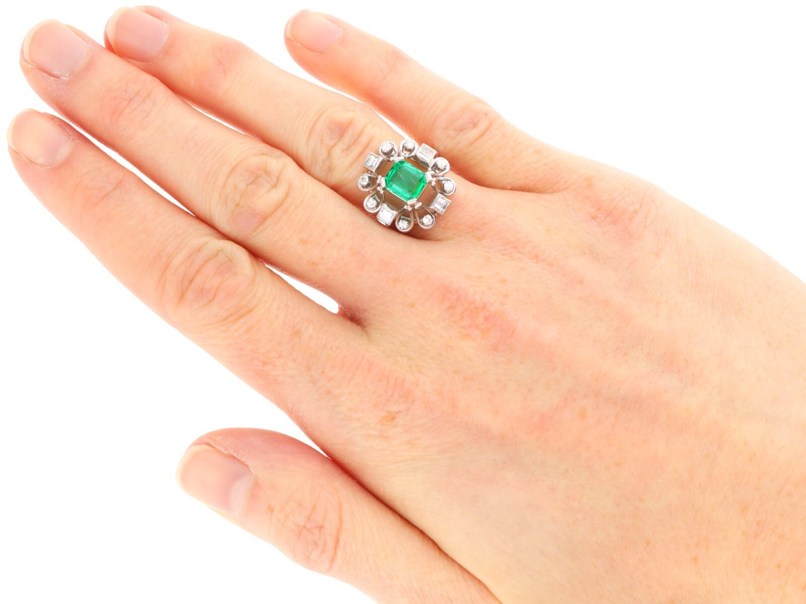 0.99Ct Colombian Emerald and 0.35Ct Diamond, 18k White Gold Ring Circa 1925