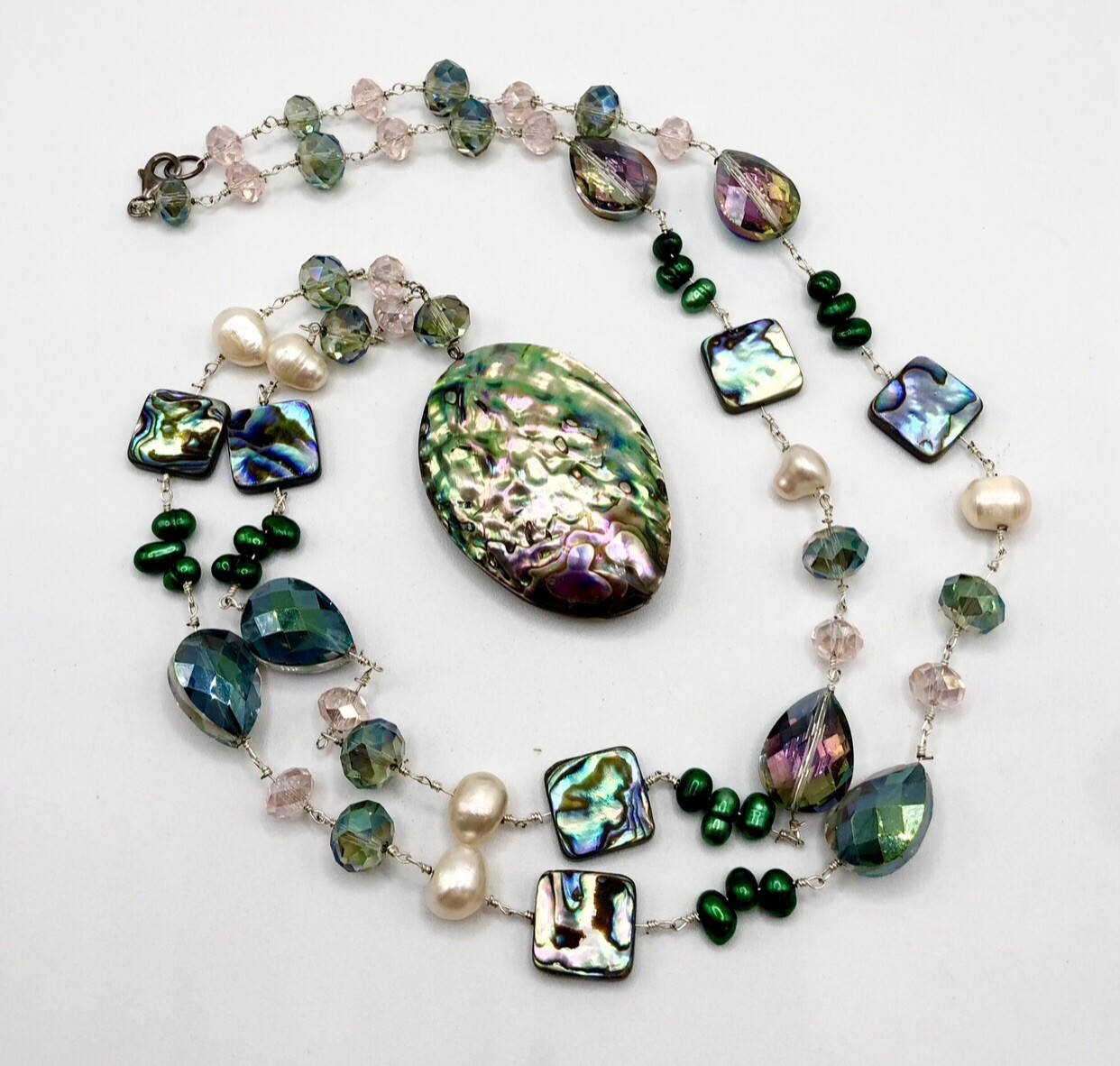 Vtg Blue Green Abalone Paua Shell & Crystal Beaded Pearl Pendant Necklace 925