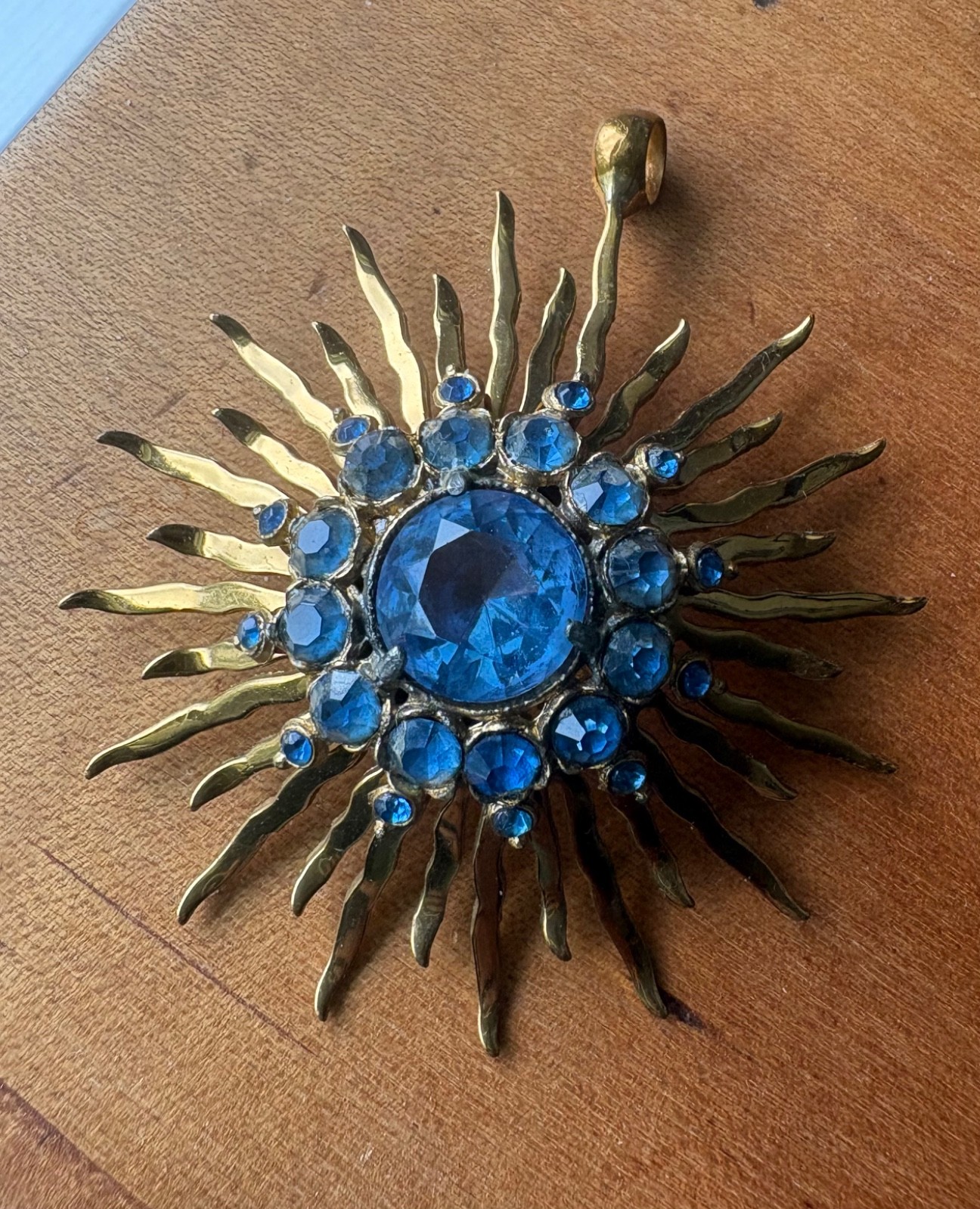 Vintage Starburst Bright Blue Glass Pendant 3″ Long Pendant Only*