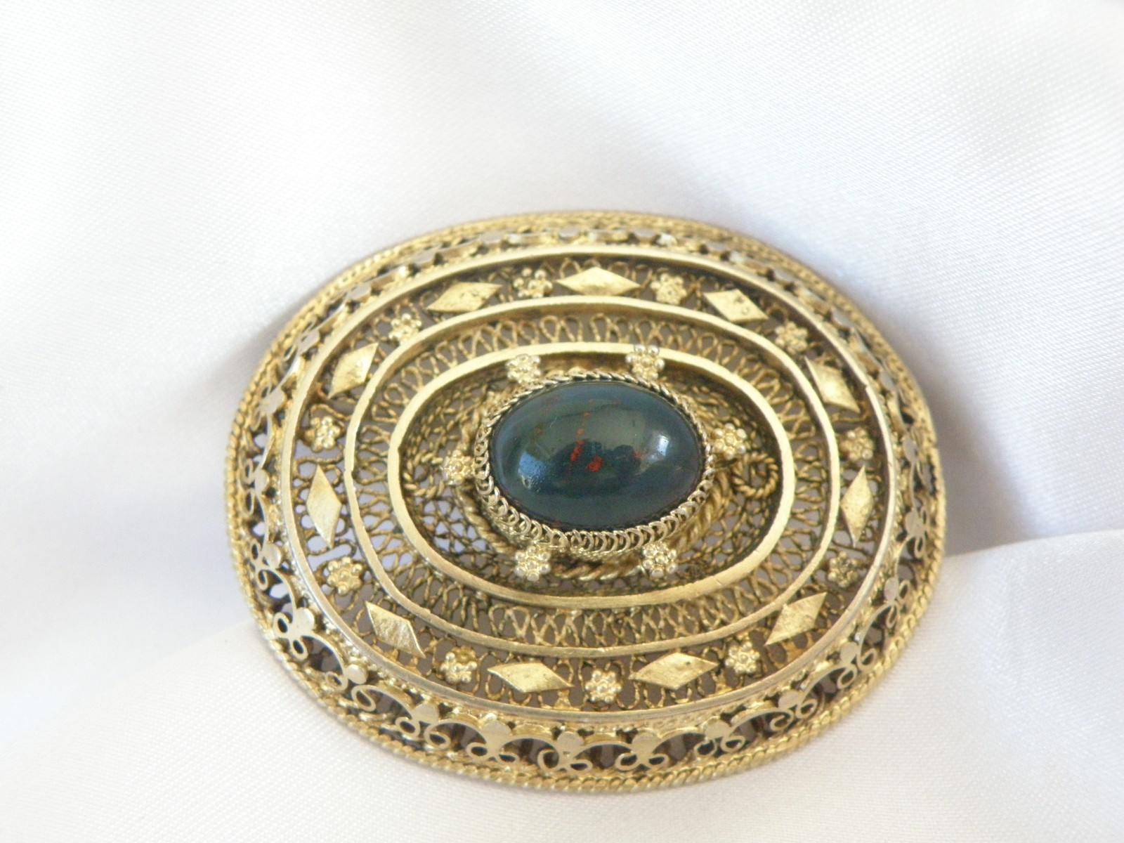 Vintage Silver Gold Plated Natura Bloodstone Large Filigree Brooch