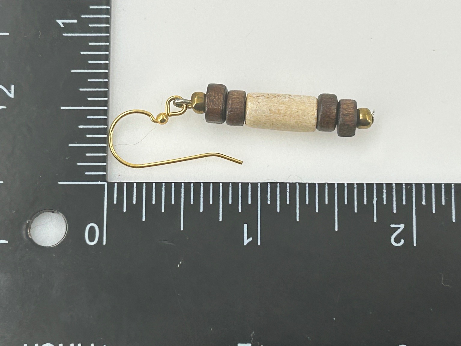 Dangle Drop Beaded Earrings Gold Tone 2″ Long Wood Ceramic Bone Tribal Handmade