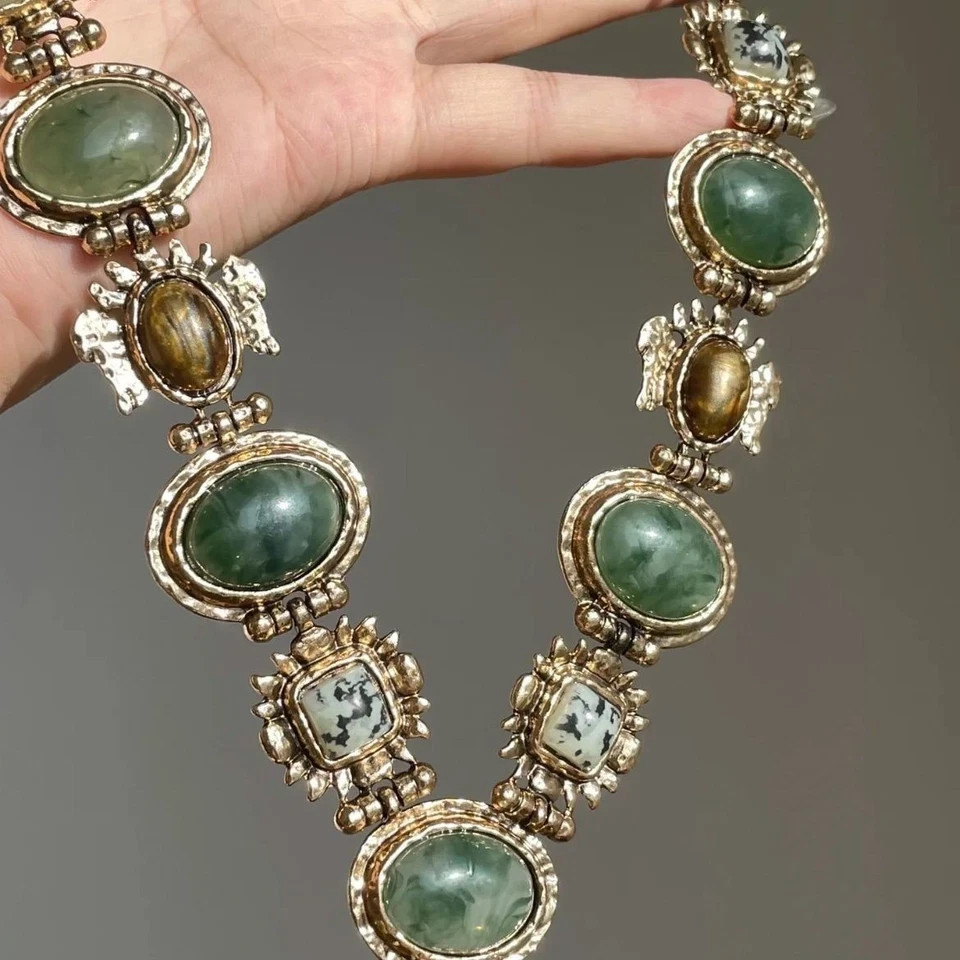 Vintage Glam Green stone Tiger Eye Choker Gold Victorian Statement Necklace gift