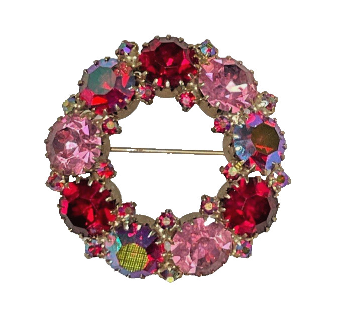 Vintage WEISS Brooch Pink Fuchsia Ruby Red Aurora Borealis Rhinestone Signed