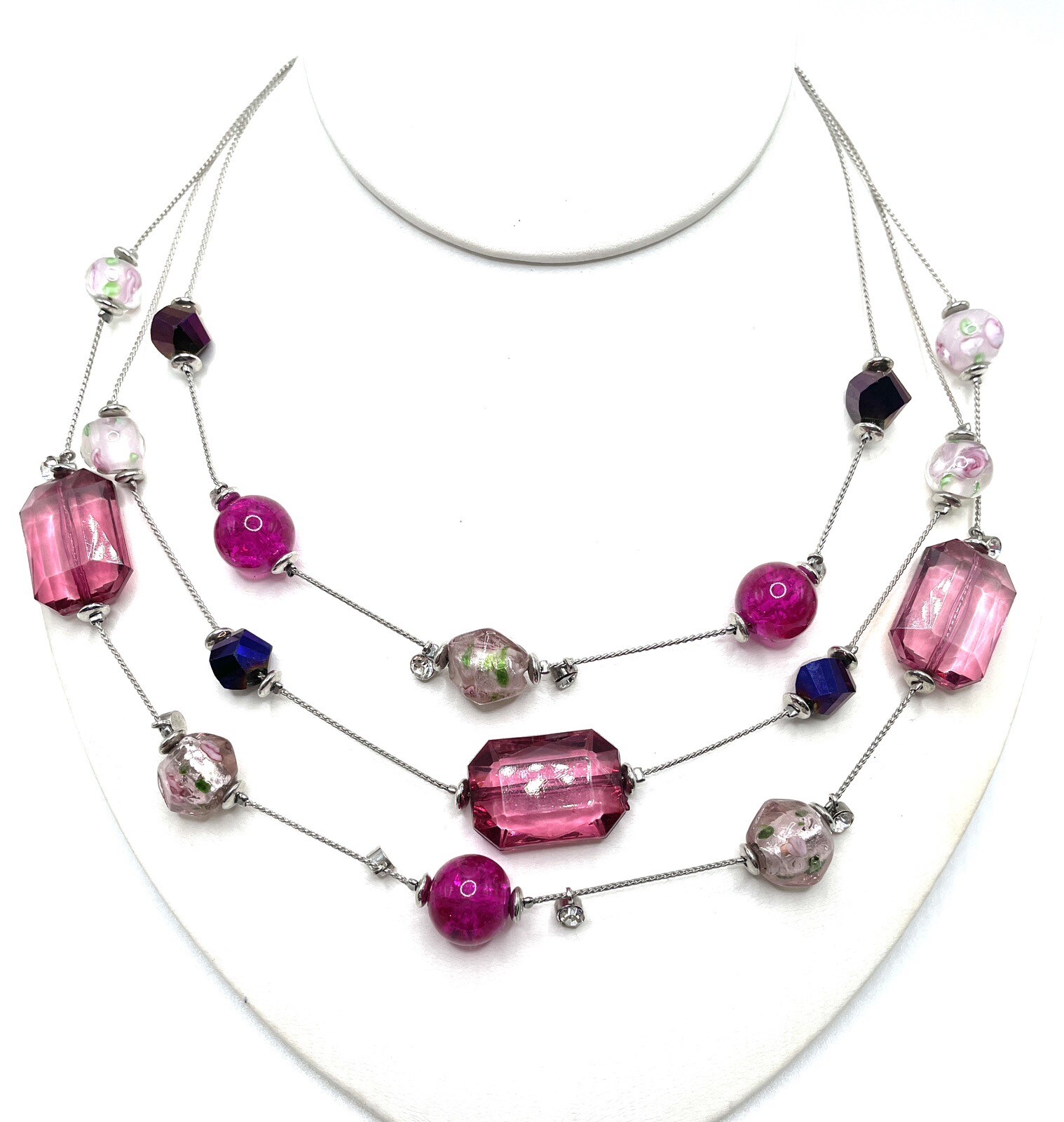 Murano Sommerso Venetian Pinks Purples Rose Three Strand Necklace Vintage Unique