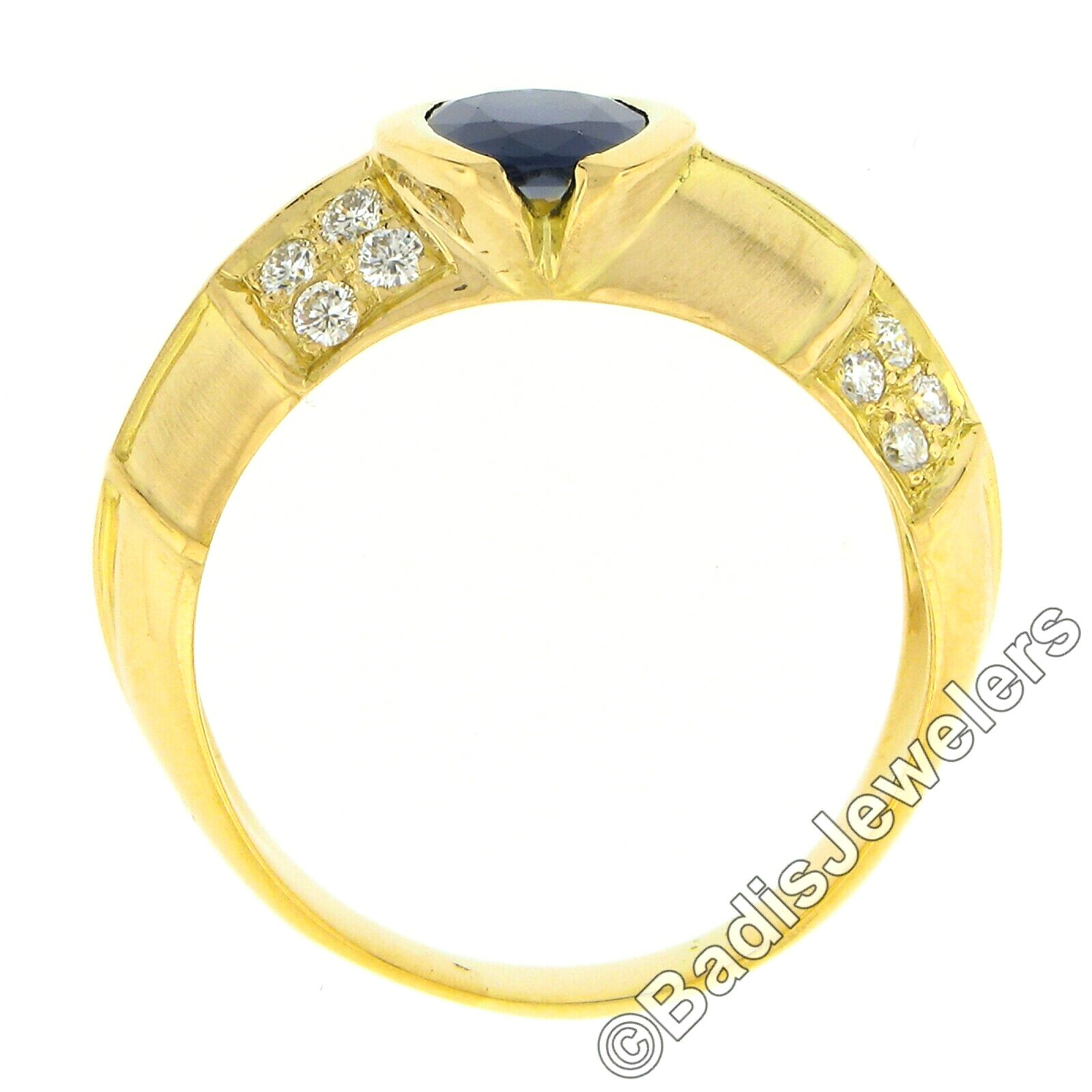 Vintage 18K Gold Oval Sapphire Solitaire w/ Pave Diamond Sides Dual Finish Ring