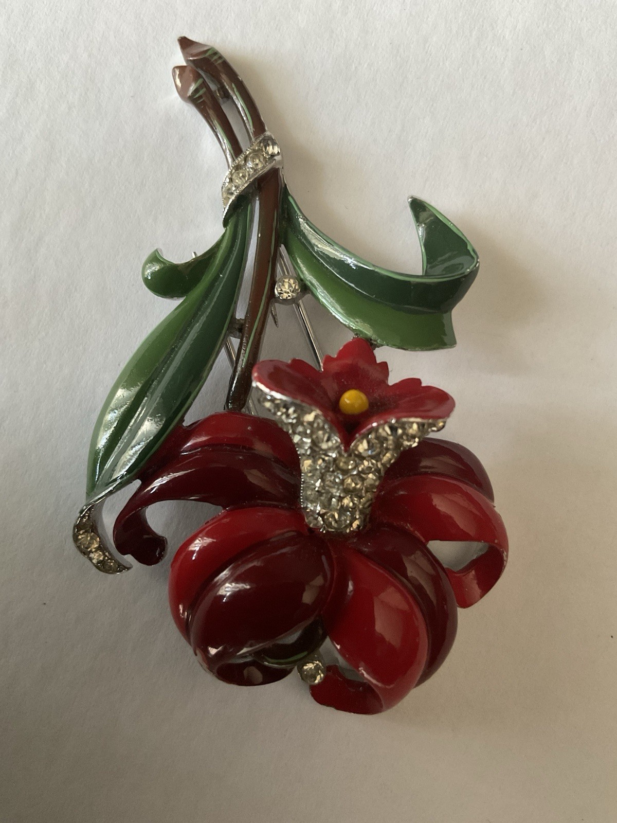 Trifari ‘Alfred Philippe’ Pave and Enamel Red Daffodil Flower Pin Fur Clip