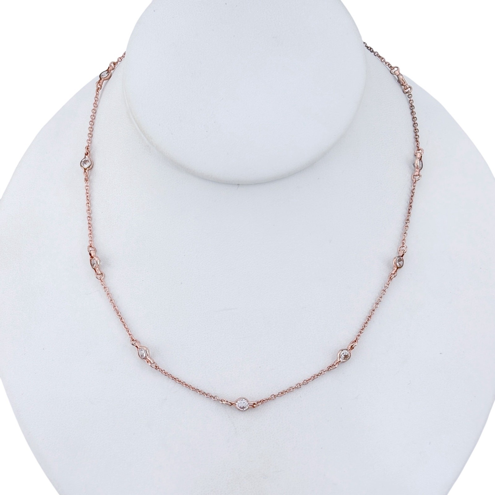 Vintage Sterling Silver 925 Rose Gold-Tone Cubic Zirconia Station Necklace 16″