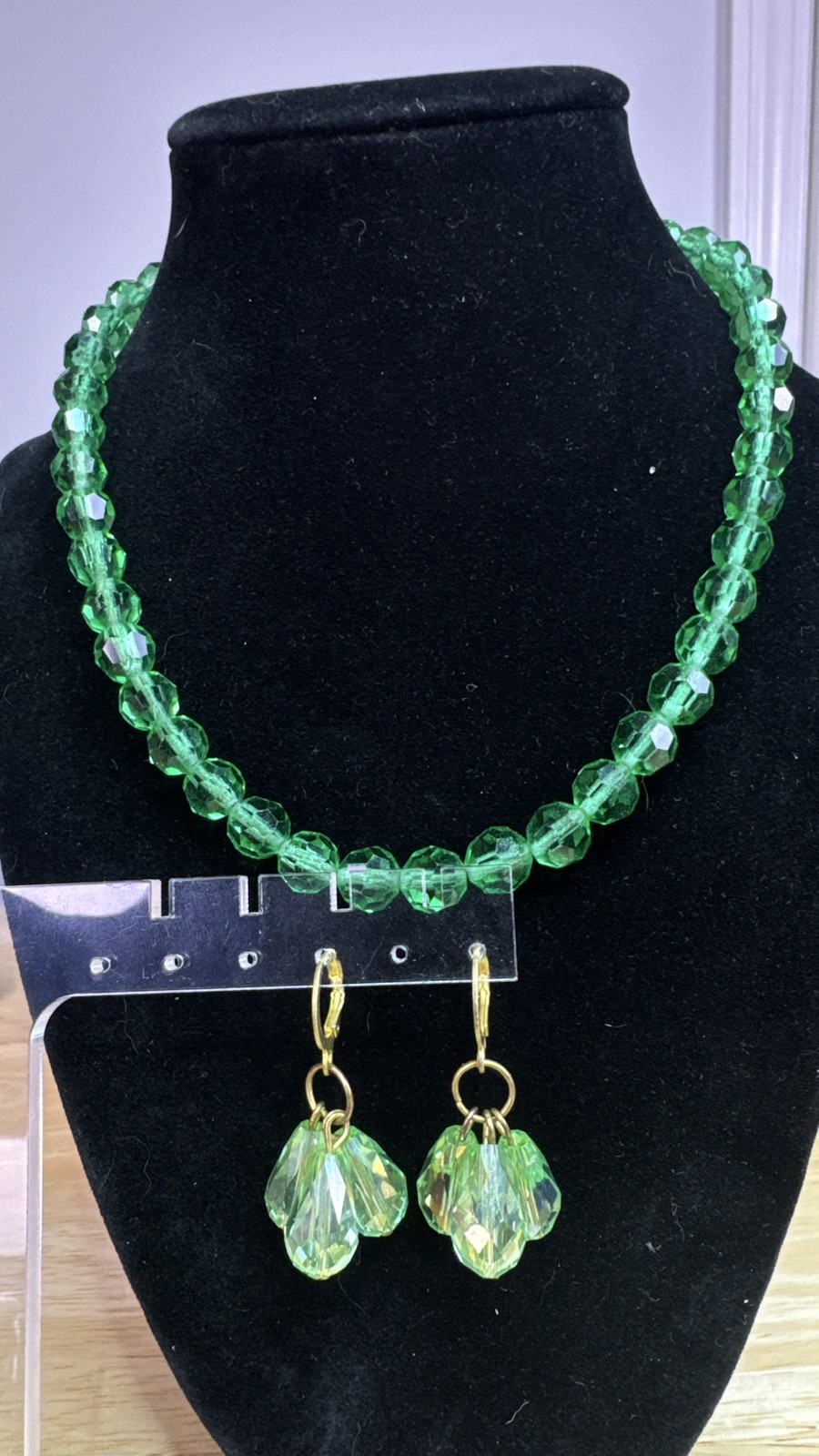 Emerald City Green Crystal Glass Choker Necklace 835 Silver Clasp w/Earrings Set