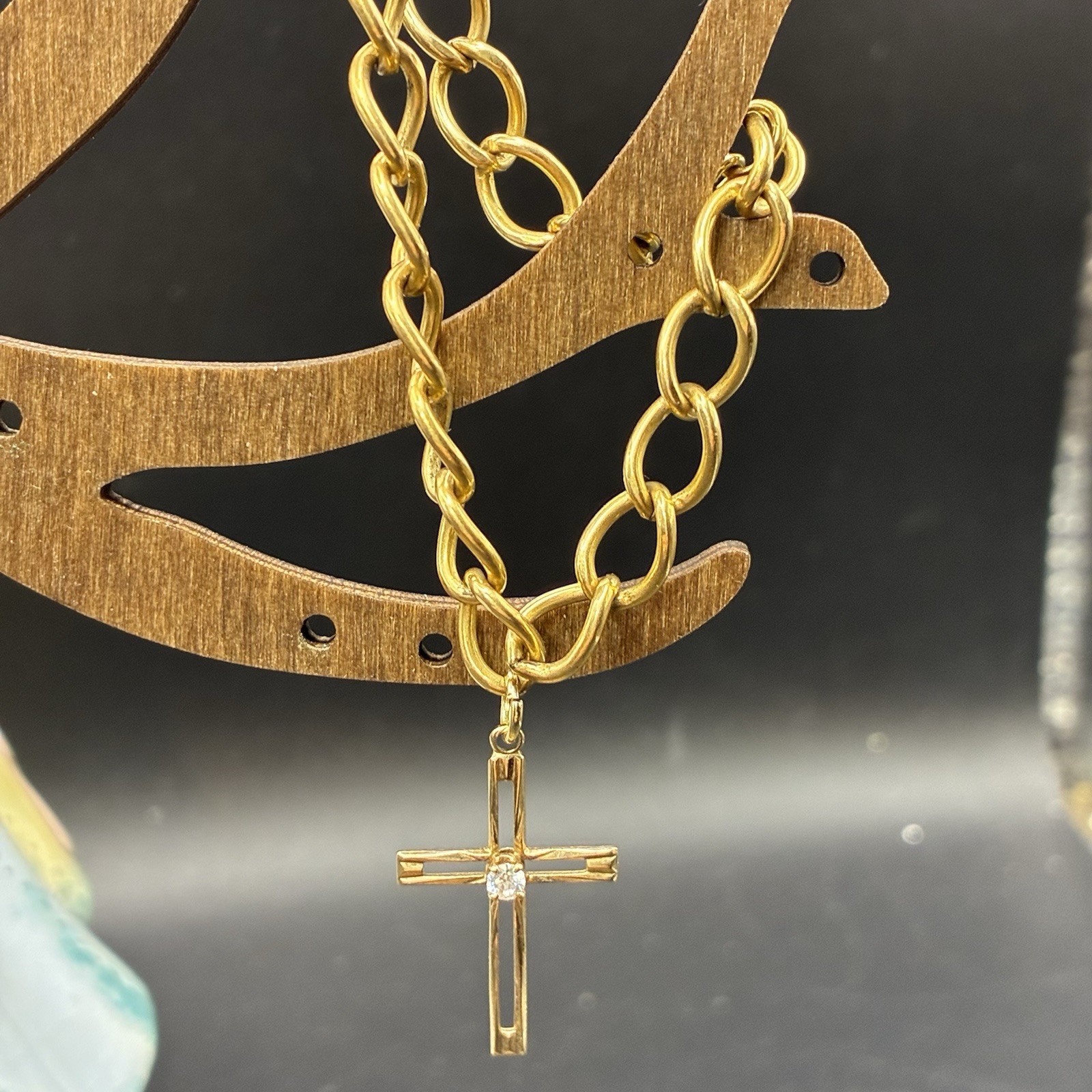 Vintage Estate 12k Gold Filled Starter Charm Bracelet + GF Cross Charm, 8” long