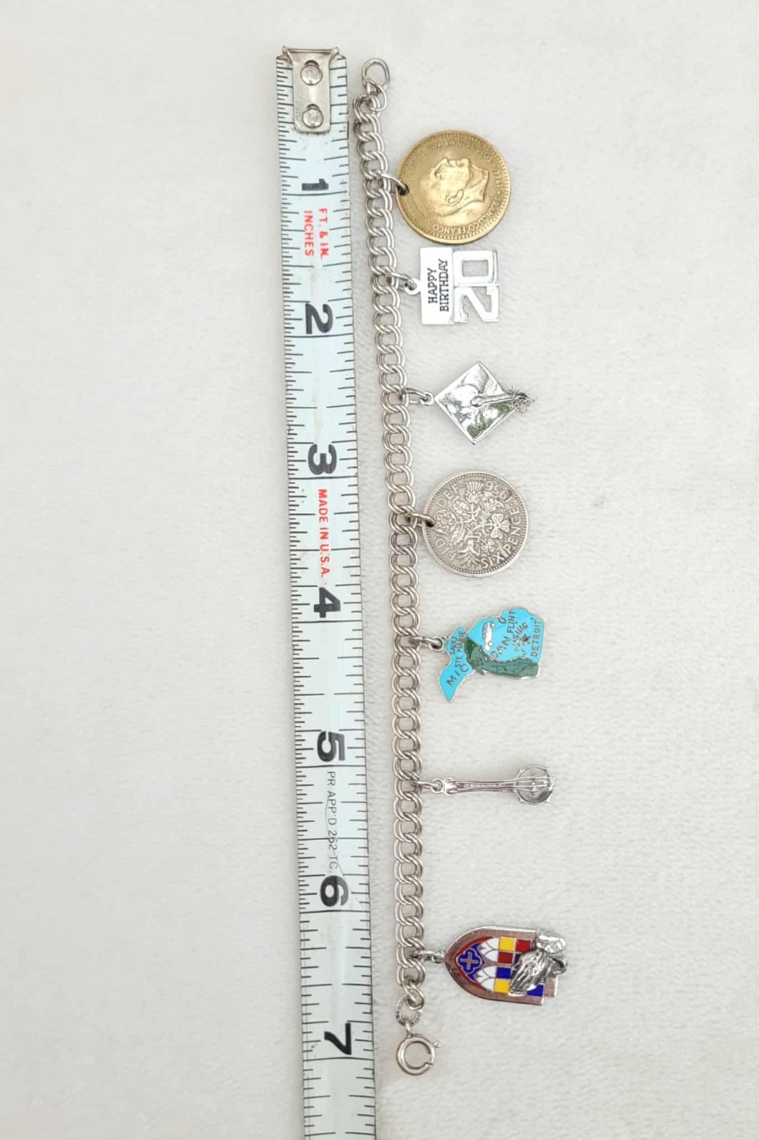 Vintage Sterling Silver Michigan Coins Banjo Grad 7 Charm Bracelet 7″ – 21.4g