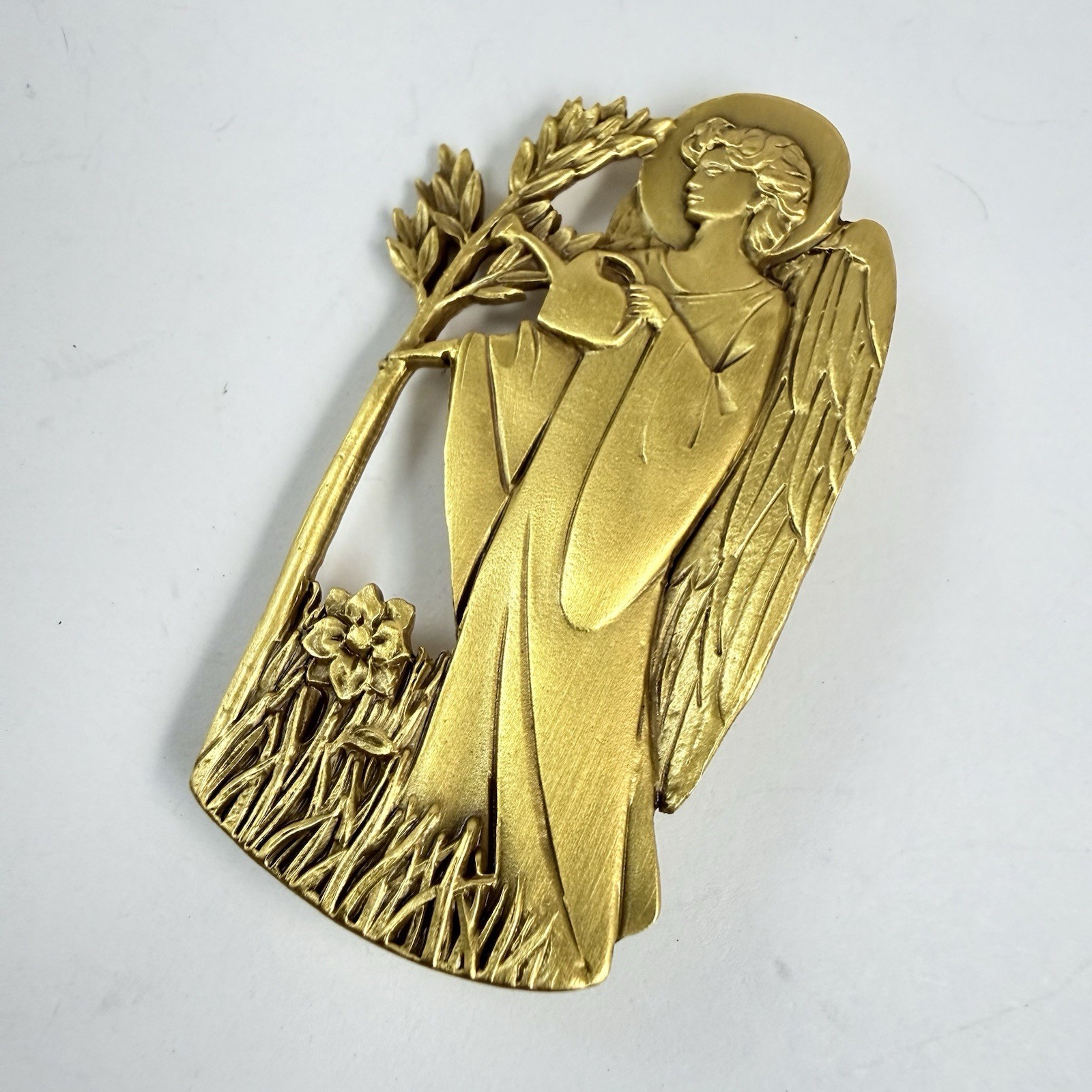 Vintage Catholic Angel Watering Garden Art Nouveau Gold Tone Brooch Signed AA