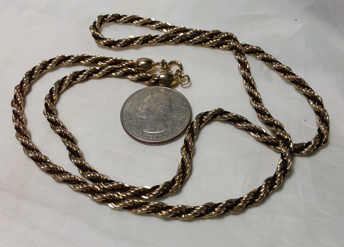 Necklace Gold Tone Metal & Blackish Tread Twisted 24″ Vintage Jewerly