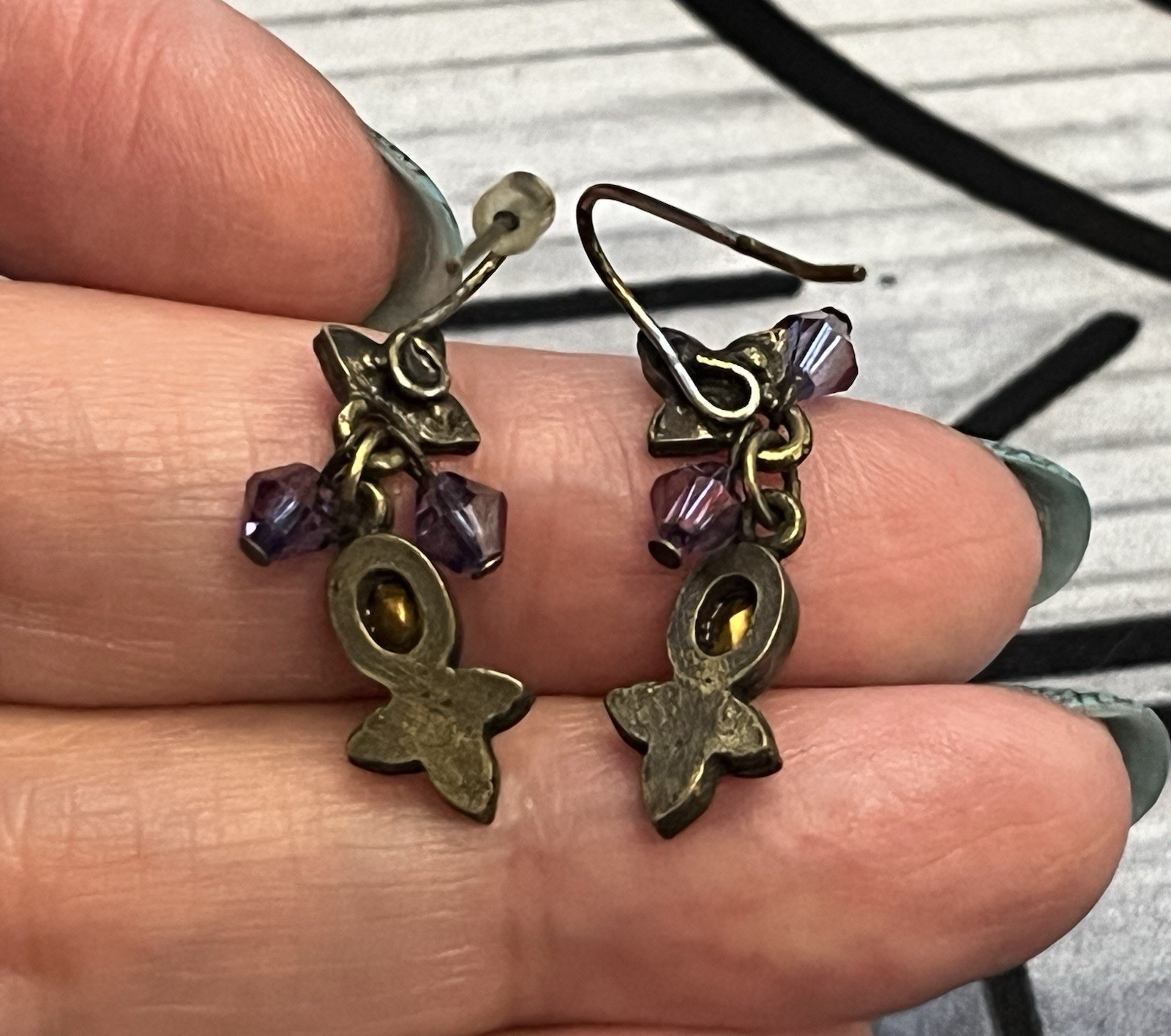 Pink Crystal Dangle Earrings with Aurora Purple Bicone Beads – Brass Setting