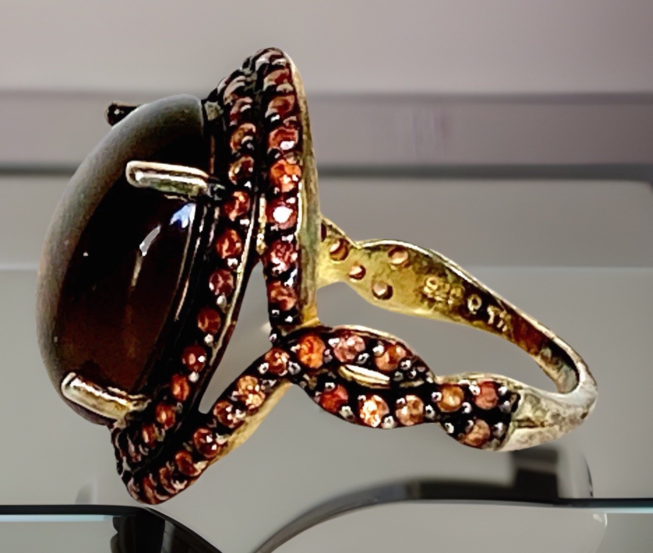 Clear Brown Stone w/Tiny Peach Stones Gold Plated Sterling Silver Ring TH , Sz 7