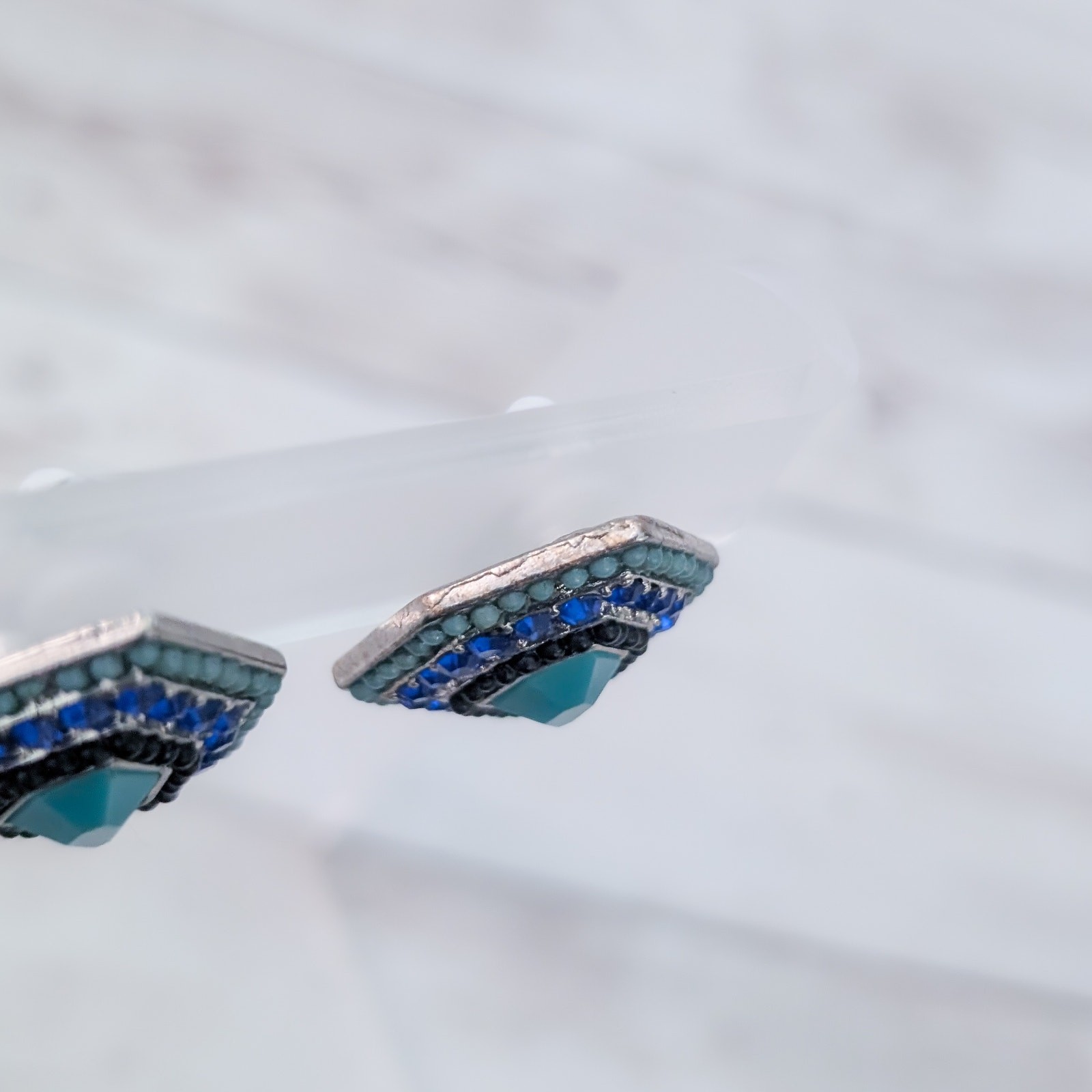 Vintage Clip On Earrings – Large Statement Blue & Turquoise Tones 1 & 1/8″