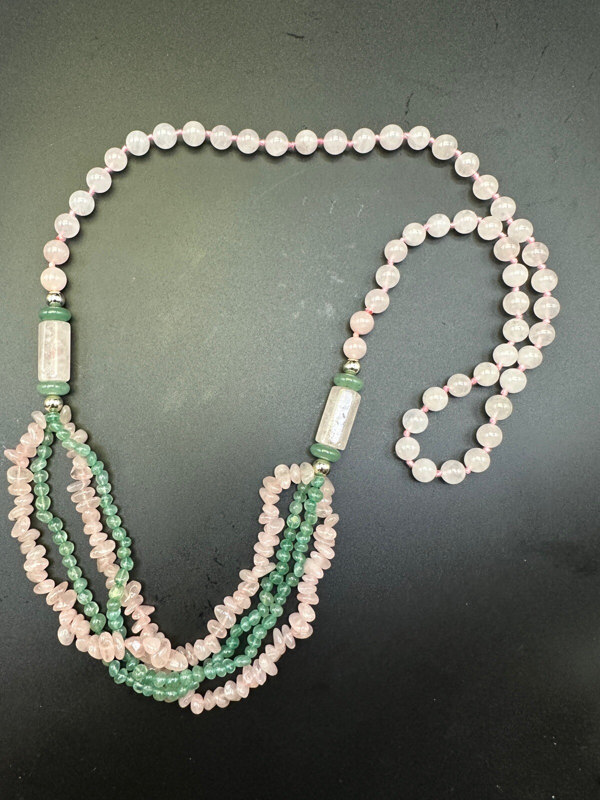 Vintage Chinese Export Multistrand Pink Rose Quartz Green Jade Necklace Stunning