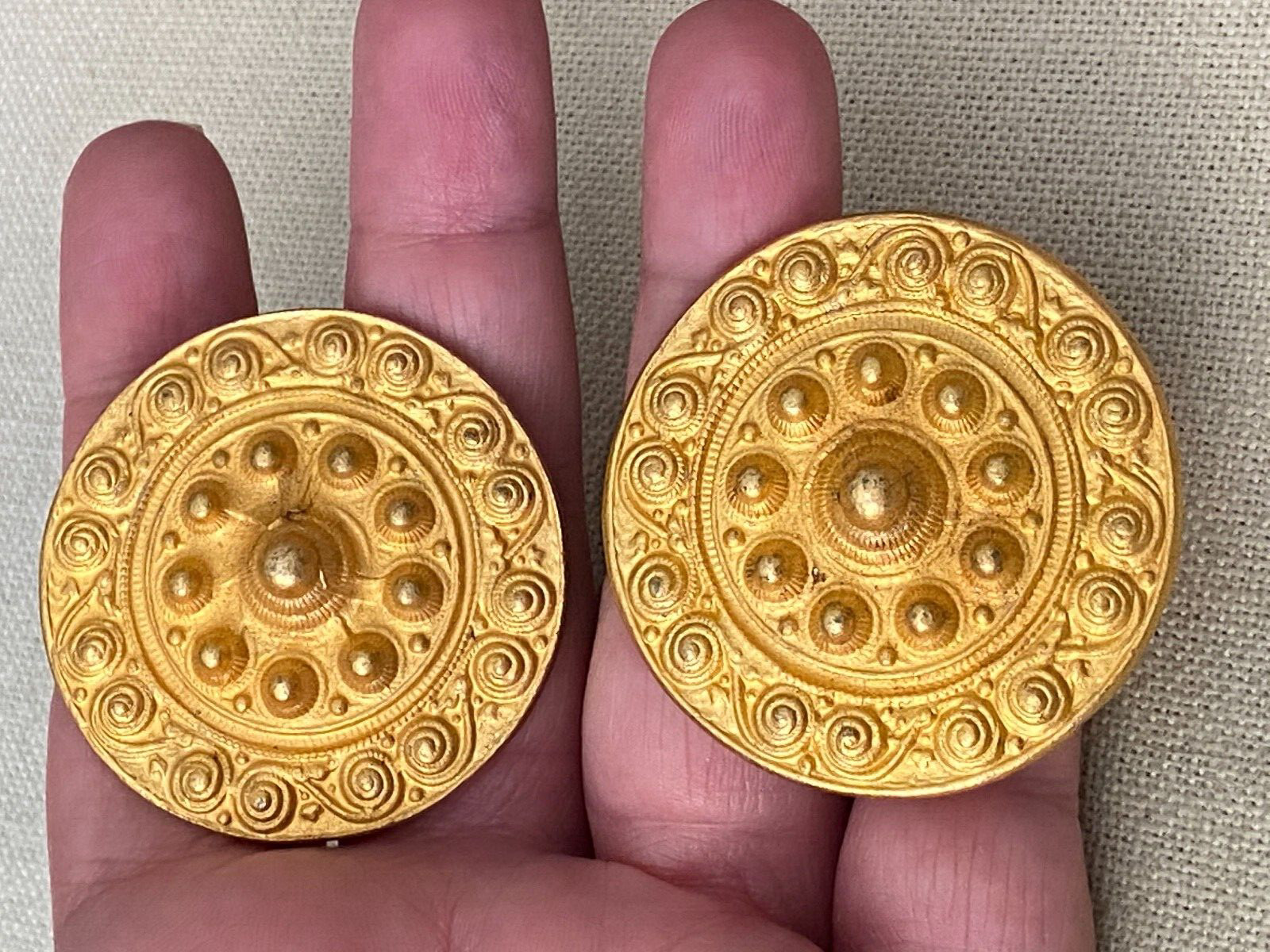 LARGE Vintage 1980s Signed Les Bernard Gold Tone ETRUSCAN Clip On Earrings