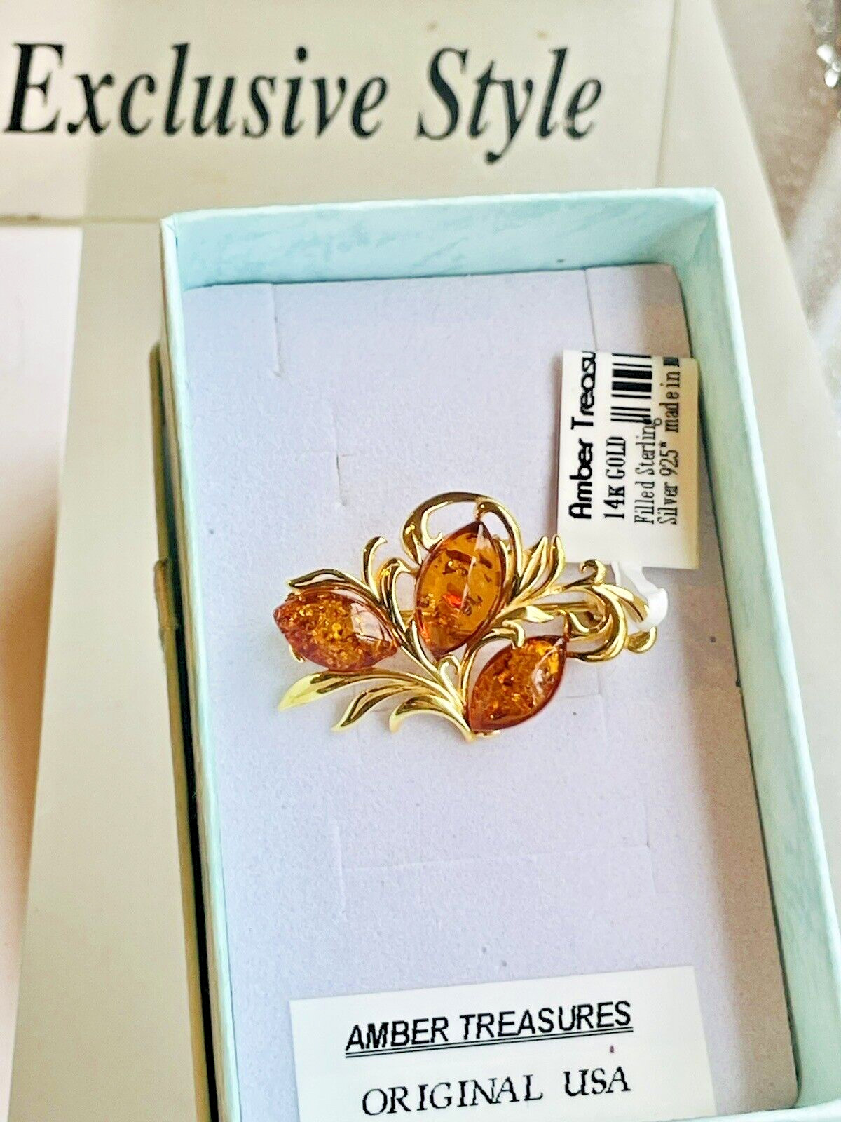 Genuine 14K Gold Filled Gilded Baltic Honey Cognac Amber Color Pin Brooch 925*
