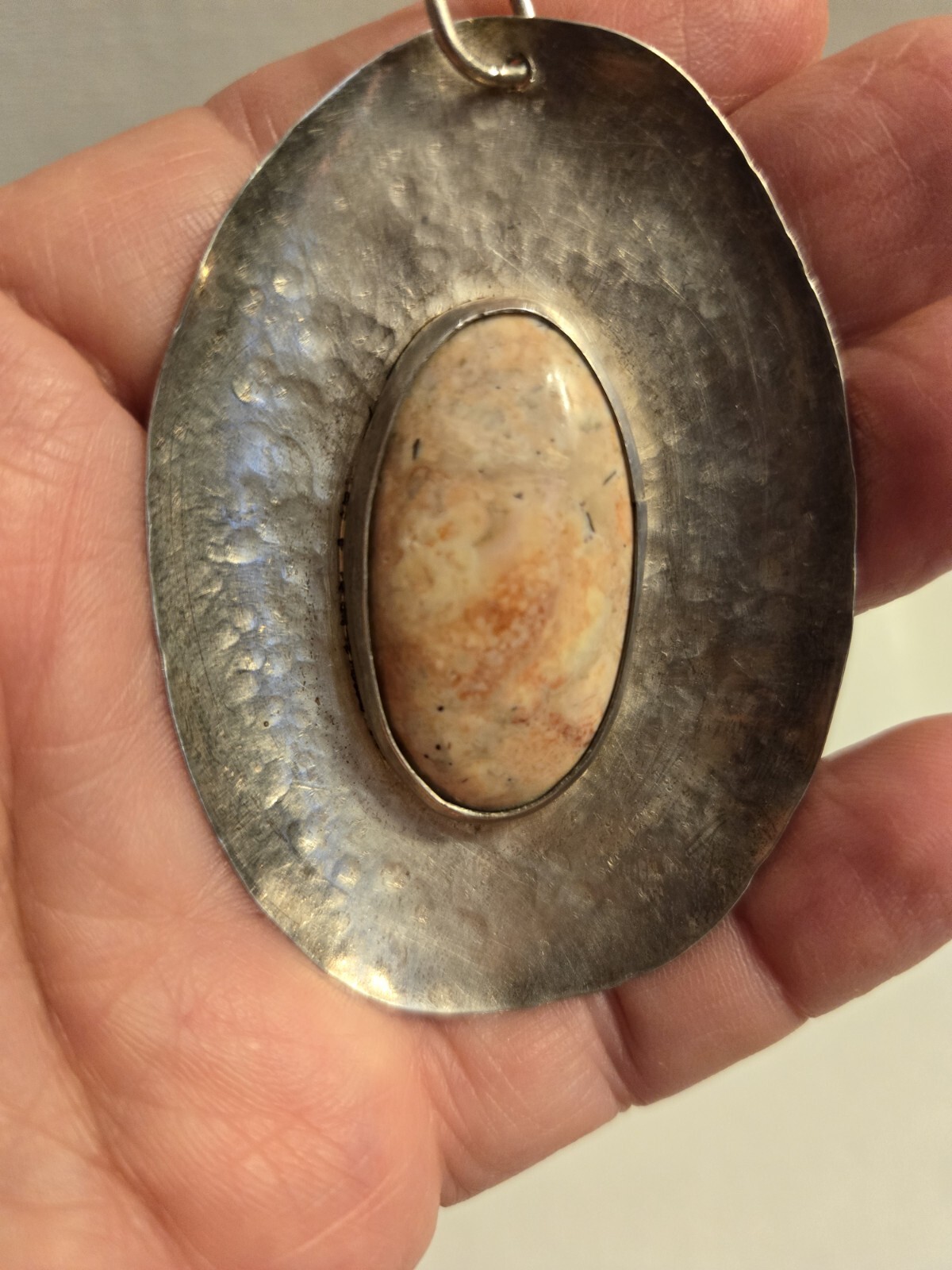 Vintage Oversized Oval Agate Hammer finish White Metal Artisan Crafted Pendant