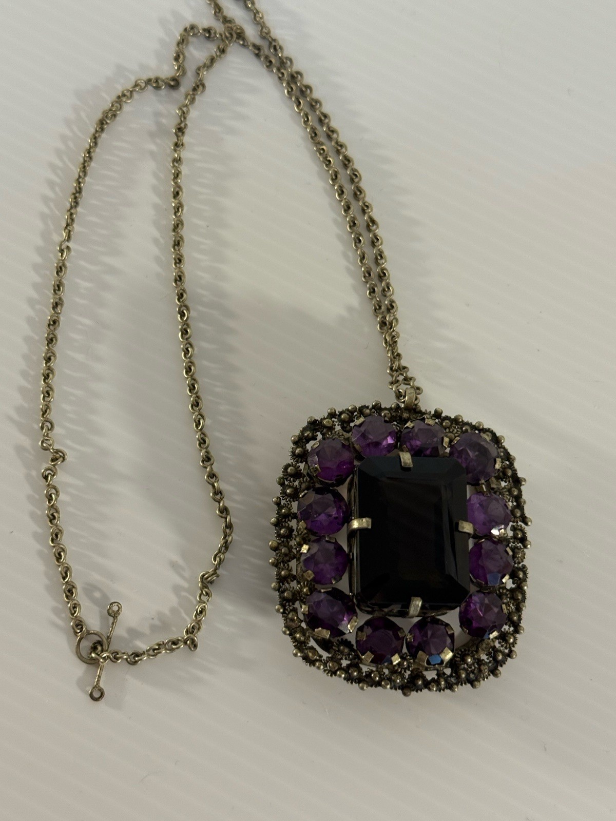 Vintage Thai Amethyst Smoky Quartz Pendant Large Statement Necklace