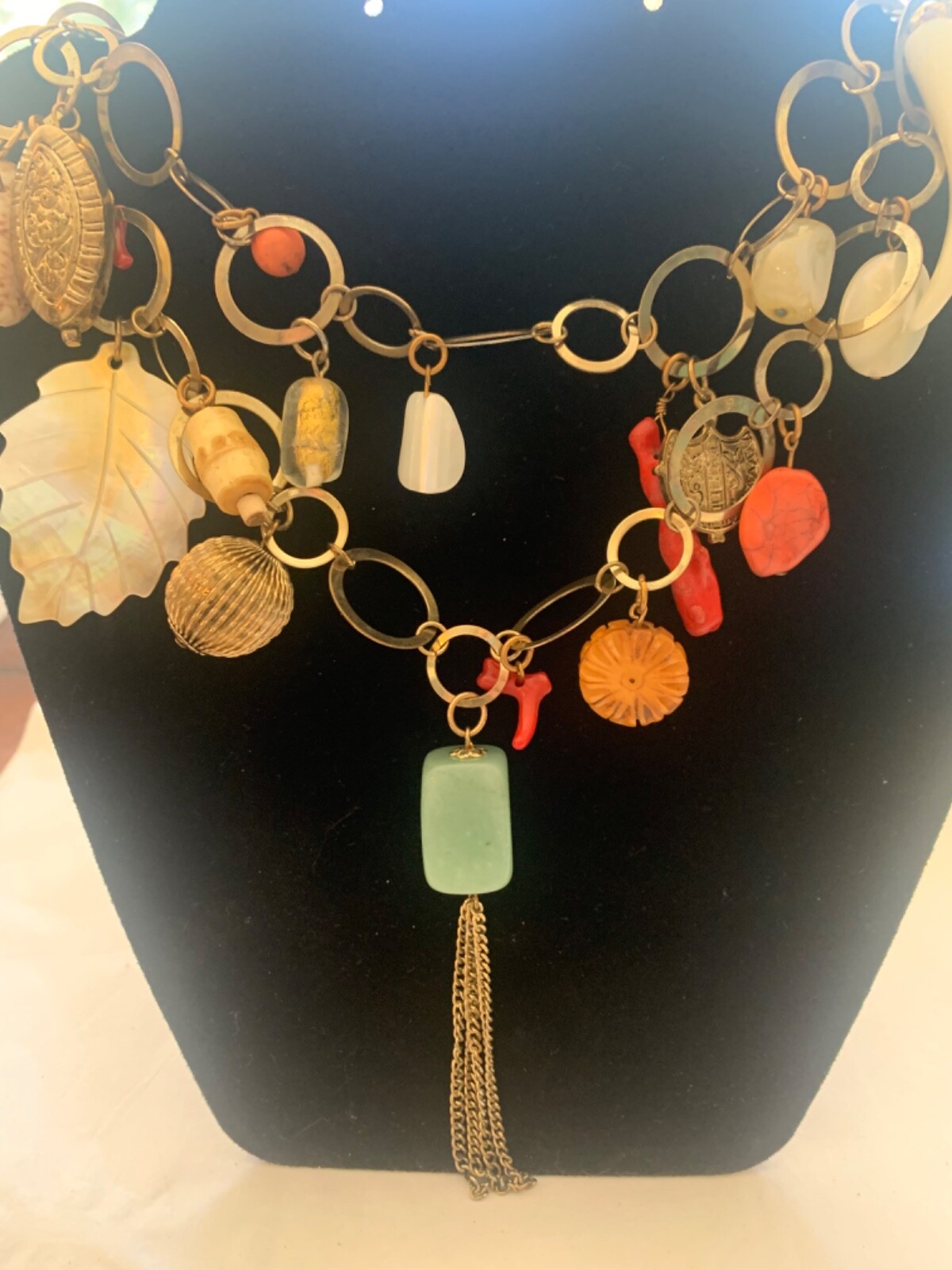 Vintage Metal Link Necklace with Glass and metal Charms stone, faux coin & shell
