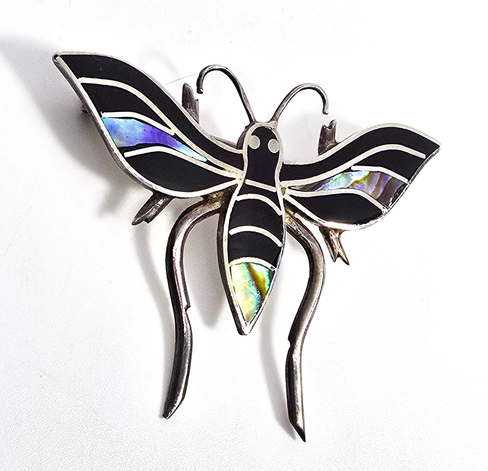 Bee Abalone Paua shell and black onyx inlay vintage sterling silver brooch B
